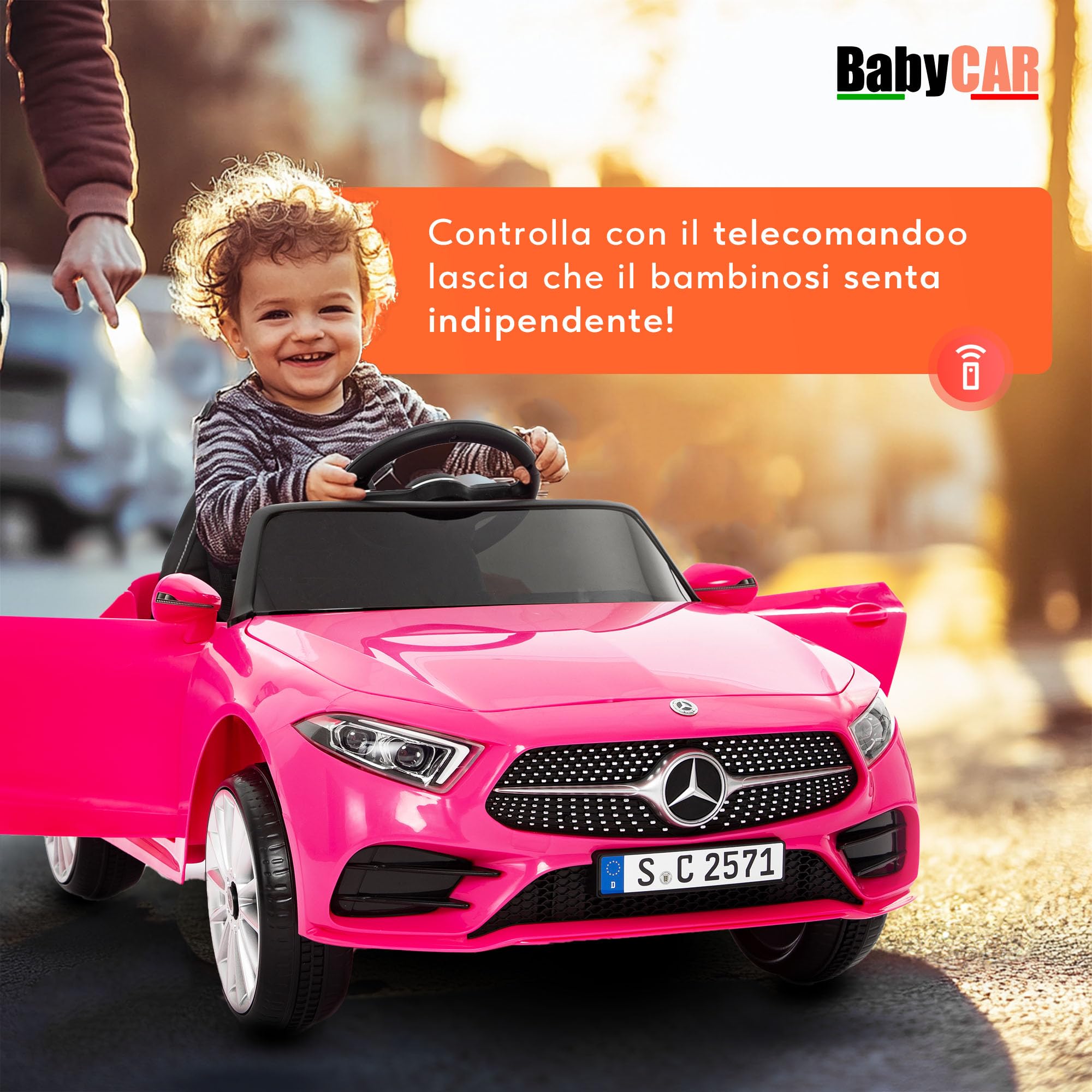 BabyCar Mercedes CLS 350 AMG | Macchina Elettrica per Bambini 12V con 2 Motori 25W | Auto Elettrica Per Bambini Telecomandata, Sedile in Pelle, Porte Apribili, MP3/USB | Licenza Ufficiale | Rosa