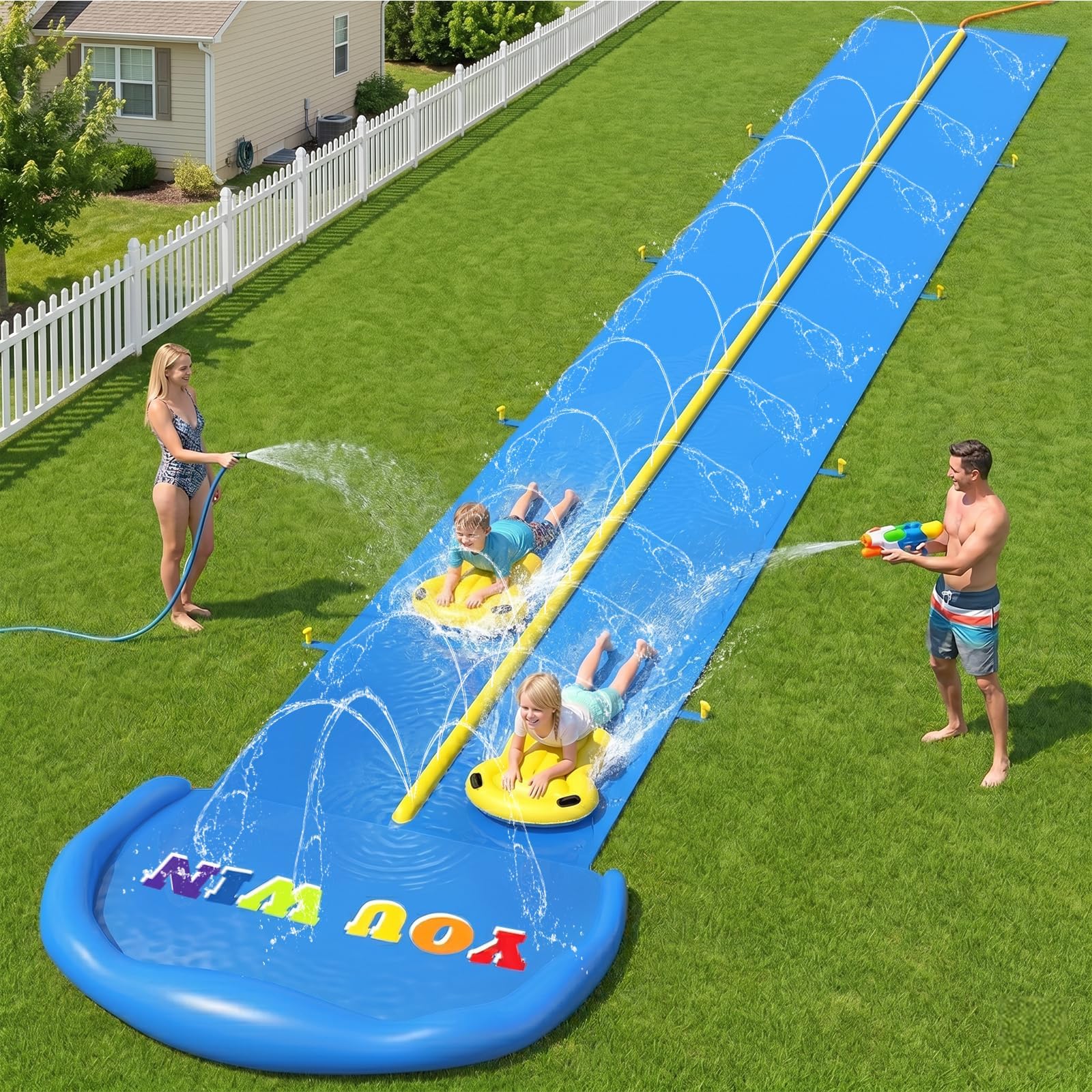 Evoio Tobogán acuático inflable de 32.8 pies con 2 carriles de carreras para niños, niñas y adultos, tobogán de agua, juguetes acuáticos al aire libre para patio trasero y jardín