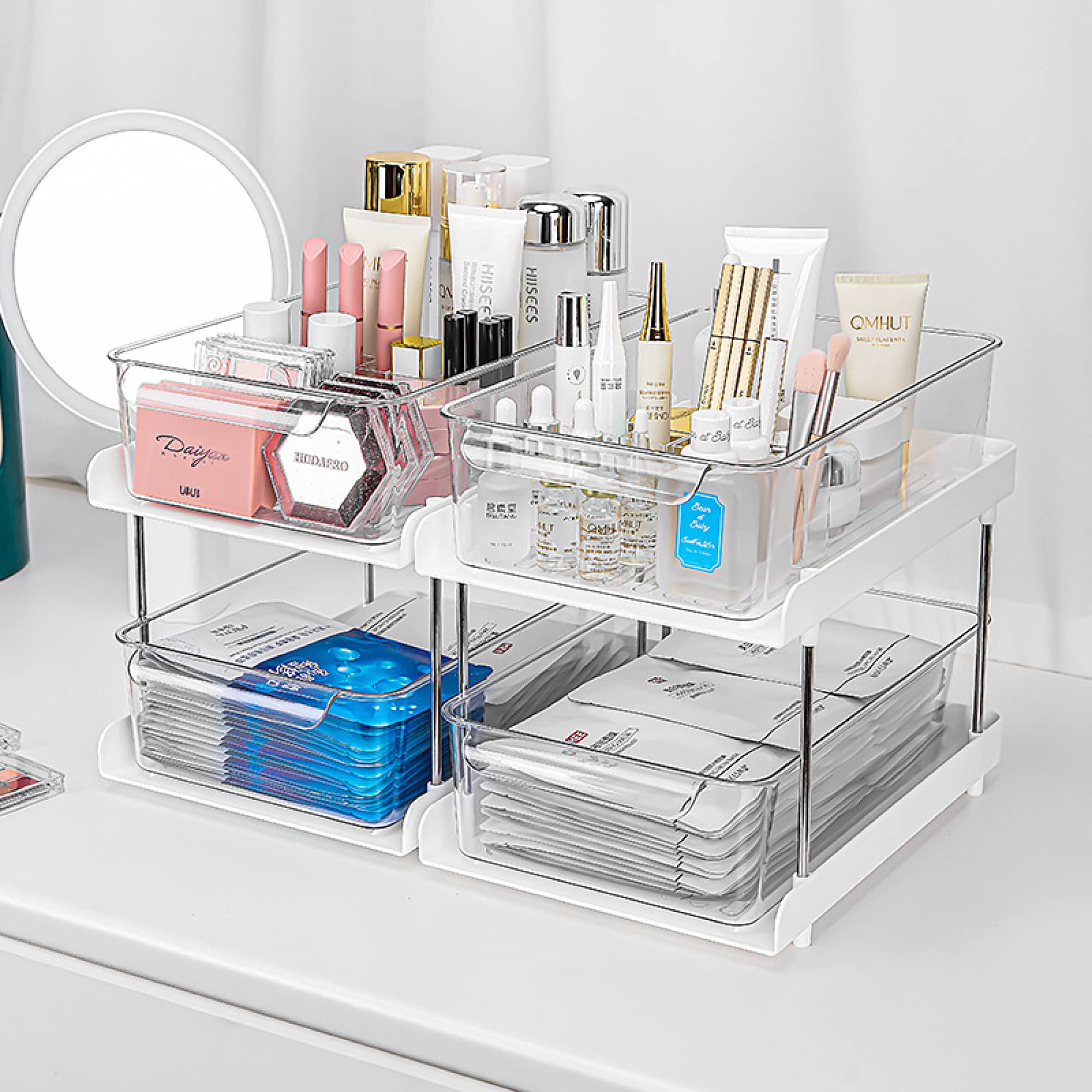 Organisateur d'étagères de placard - Étagère de rangement transparente sous l'évier avec tiroir coulissant - Bonne aide pour ranger les fournitures de cuisine et les articles de toilette / 2 layer