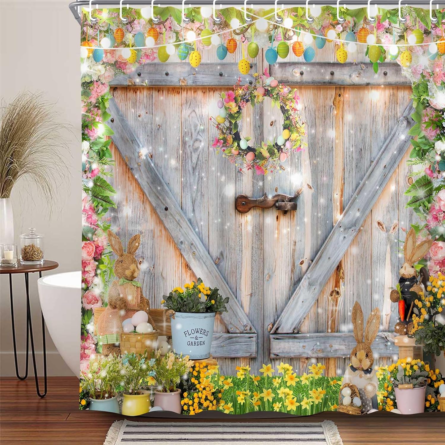 Easter Shower Curtain, Cute Rabbit Bunny Egg Shower Curtain Set, Rustic Farmhouse Waterproof Fabric Shower Curtains for Bathroom Spring Holiday Decor 72"X72"