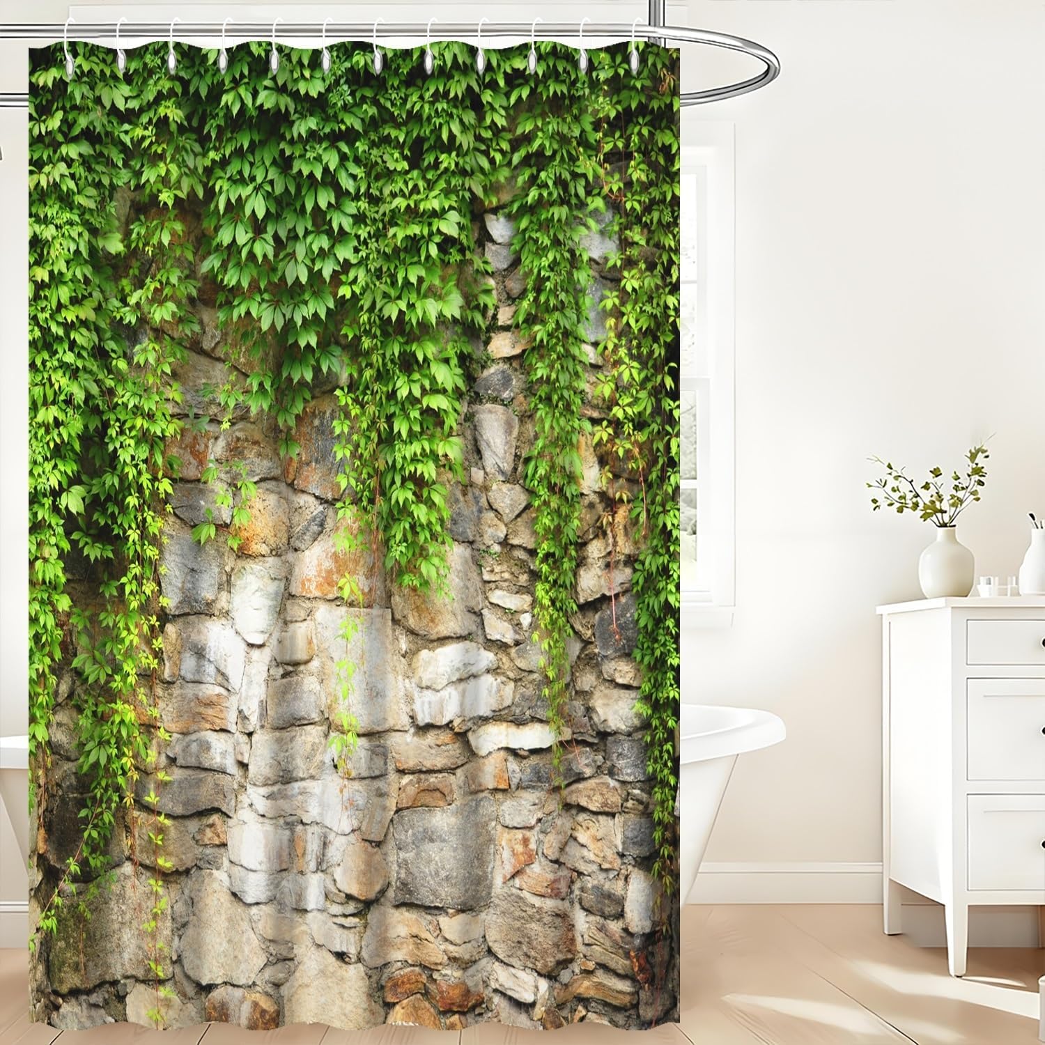 Ivy Vine Green Leaves Shower Curtain Rustic Stone Wall Spring Nature Plants Leaf Farmhouse Bathroom Bathtub Curtain Waterproof Polyetser Fabric Shower Curtains Set with Hooks,72x72inch