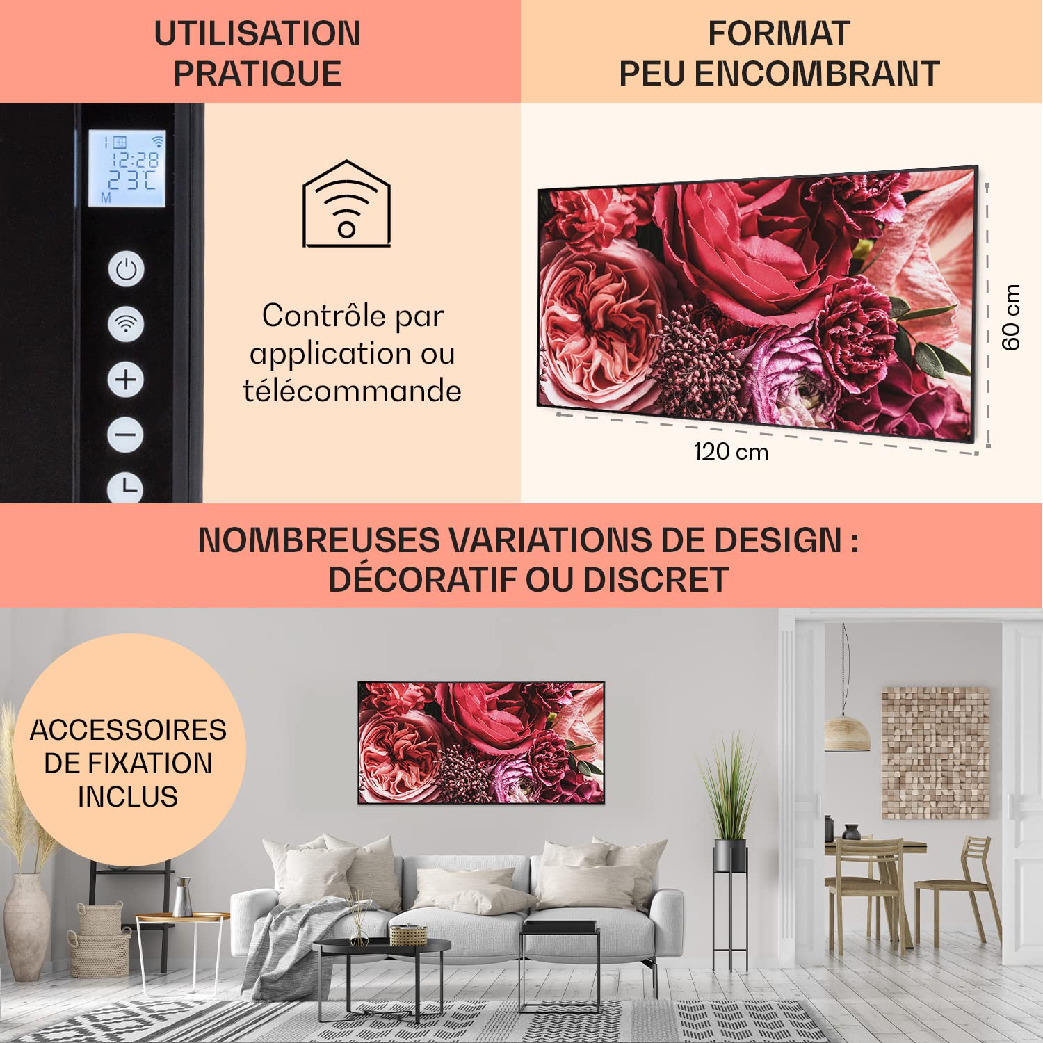Klarstein Air Art Smart Chauffage Infrarouge, 700W Radiateur Electrique pour Maison, Contrôle via l'Application IoT/WiFi, Détection de Fenêtre Ouverte, Chauffage Mural, Thermostat, Econome, Sans CO2
