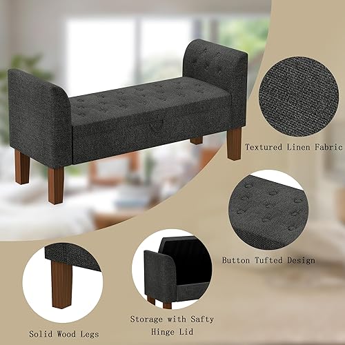 Miniatura 7 de Awonde Banco de almacenamiento para dormitorio, extremo de la cama, banco otomano tapizado con botones, banco otomano de almacenamiento con brazos