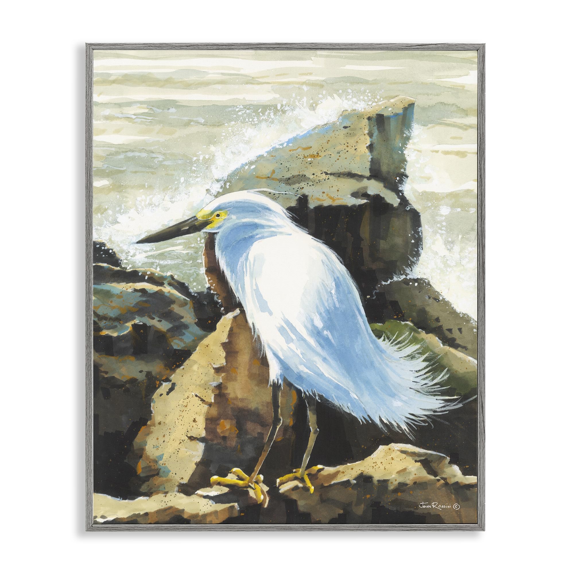 Stupell Industries Rocky Perch Coastal Cliff Bird Gray Framed Giclee Art, design by John Rossini, 30 x 24