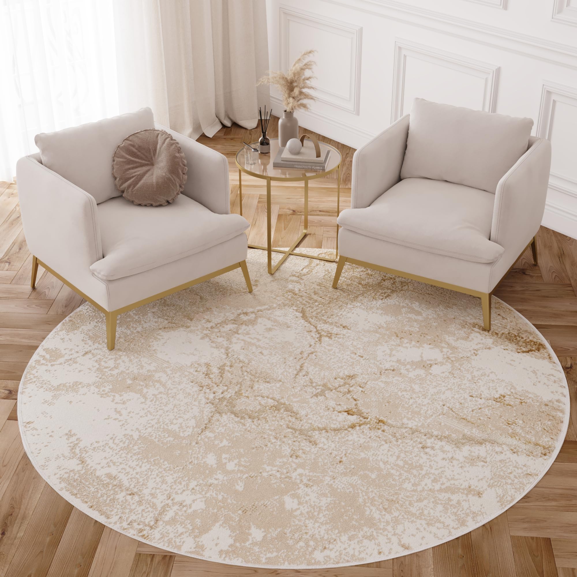 TAPISO Crystal Redonda Alfombra de Pelo Corto Brillante Suave Marrón Beige Diseño Moderno Abstracto Efecto 3D Alfombra de Salón Habitación Dormitorio Oeko-Tex 100 x 100 cm
