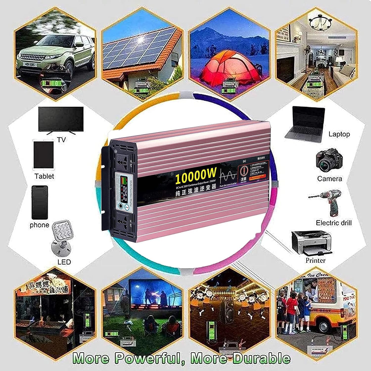10000W KFZ Reiner Sinus Wechselrichter DC 12V 24V 48V 60V 72V auf AC 220V 230V Spannungswandler Pure Sine Wave Power Inverter Steckdosen für Autos,Wohnwagen,Boote,Camping,Reisen (12V)
