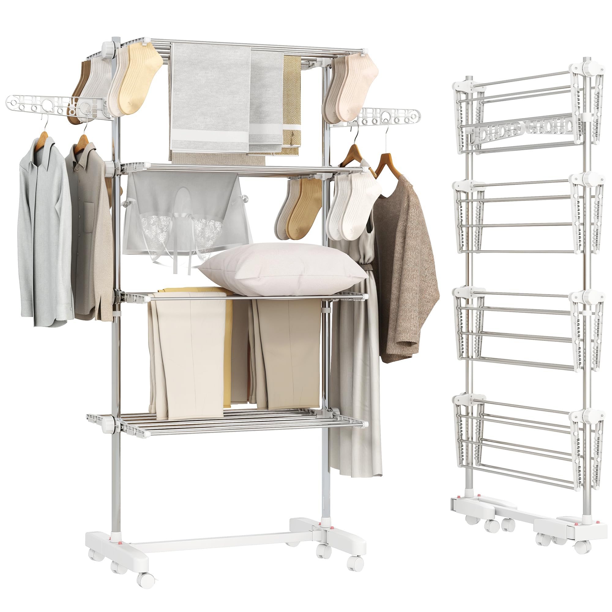 HOMCOM Tendedero Vertical Plegable Tendedero de Ropa con 6 Ruedas 2 Laterales Abatibles Estantes Ajustables y Marco de Acero Inoxidable para Interior y Exterior Blanco