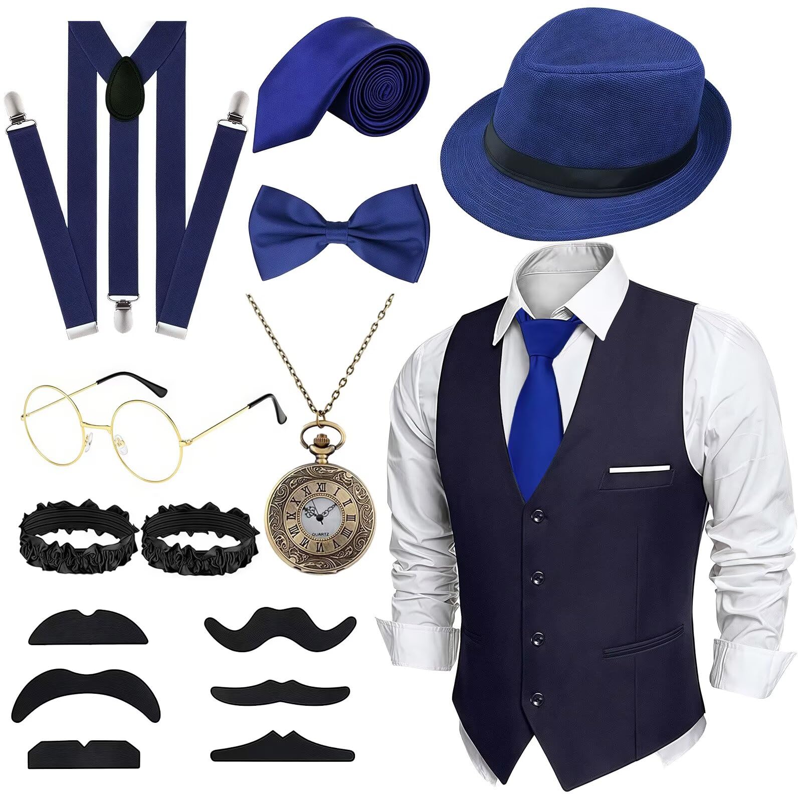 Luckyou Costume Homme Année 20 Costume Gatsby Homme Accessoires avec Cravate Moustache Montre Déguisements Gatsby Annee 20 pour Cosplay Carnaval Halloween de Fête-Black-L