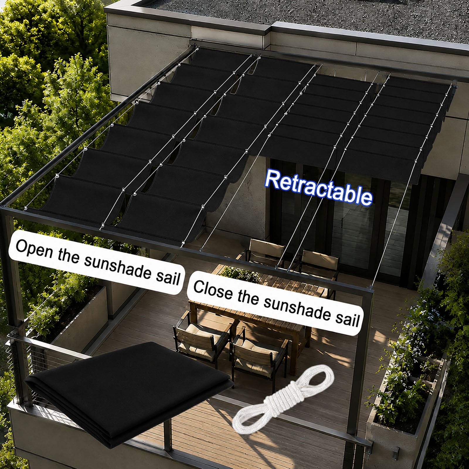 Einziehbares Sonnensegel 1.5 x 2.75 m PES Markisenstoff Sonnenschutz Wasserdicht Stabil Windabweisend Segel Schattiernetz für Balkon Terrasse Garten, Schwarz