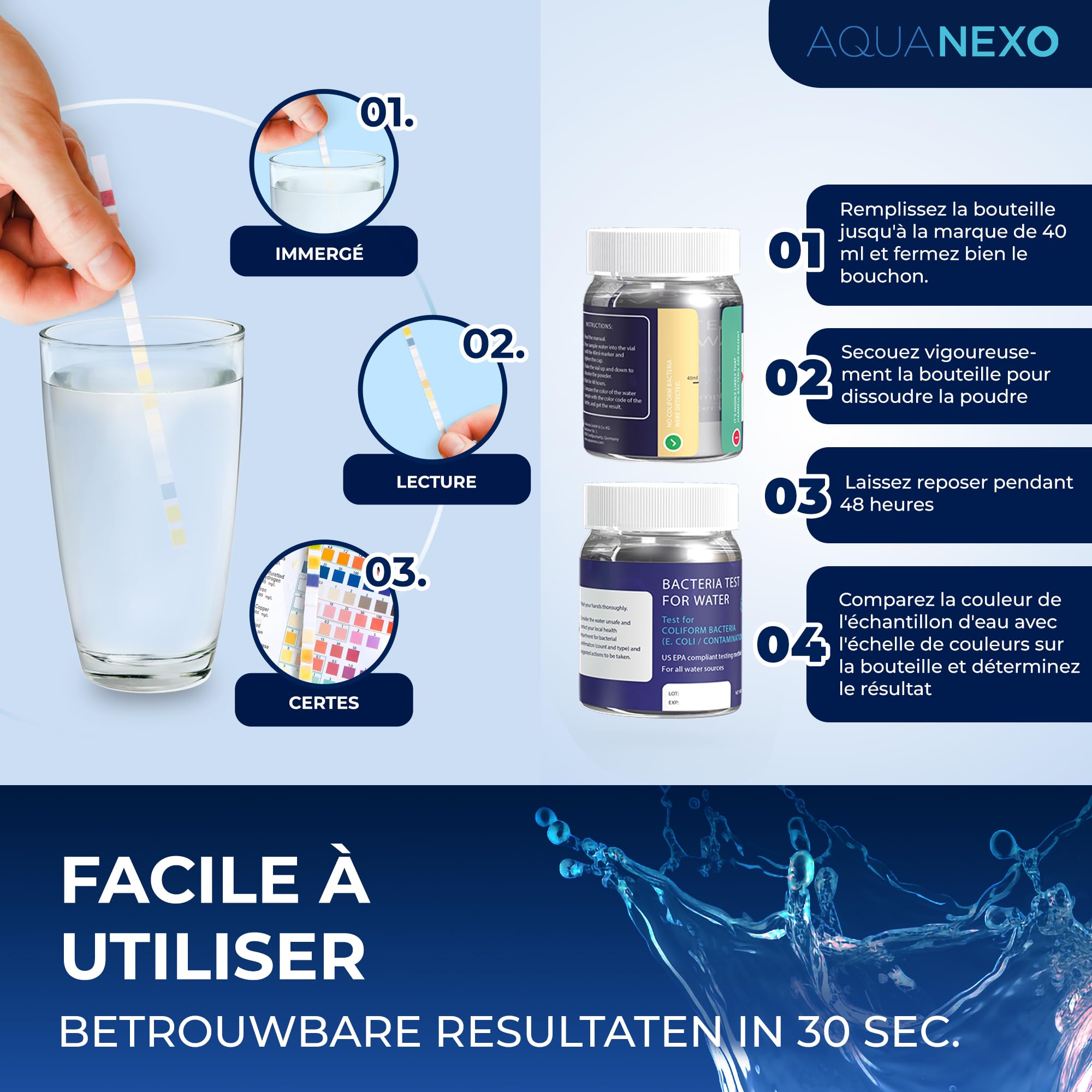 18 paramètres, 125 bandelettes de test pour eau potable (5x25)+ 2x test de bactéries coliformes, bandelettes de test pH, testeur d'eau potable, dureté de l'eau, test d'eau potable