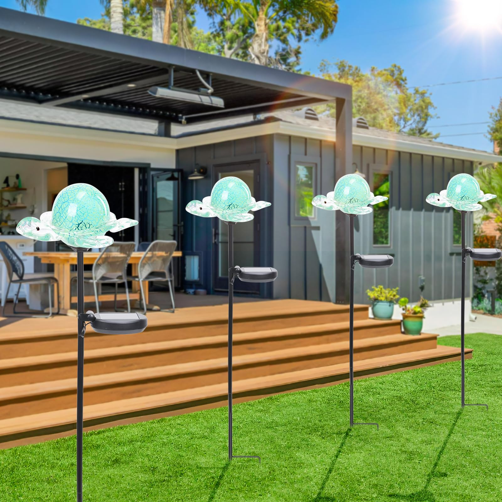 Bshine Luces solares de jardín decorativas al aire libre – Estaca solar de tortuga, estaca de vidrio soplado a mano, luces decorativas de camino para jardín al aire libre, césped, patio