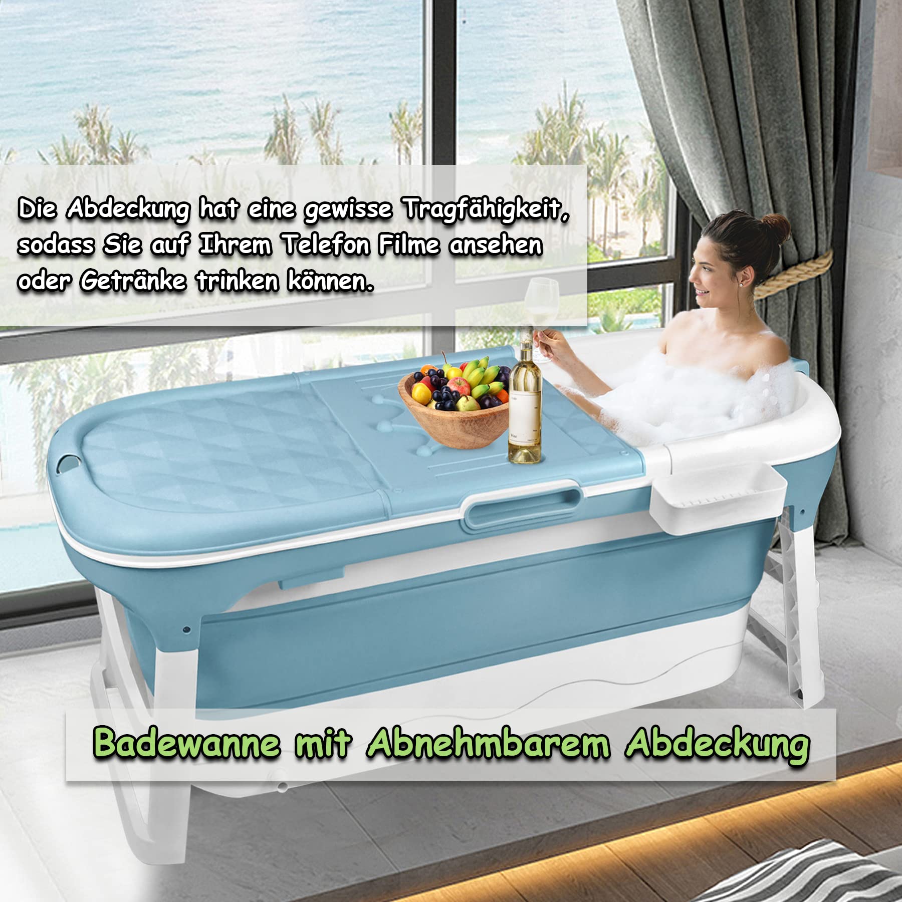 Froadp 128x60x53cm Vasca da Bagno Pieghevole con Rivestimento Sfoderabile per Adulti Bambini Doccia Vasche da Bagno Pieghevole Portatile Mobile con Corrimano per Interni Bagni Piccoli o Esterni