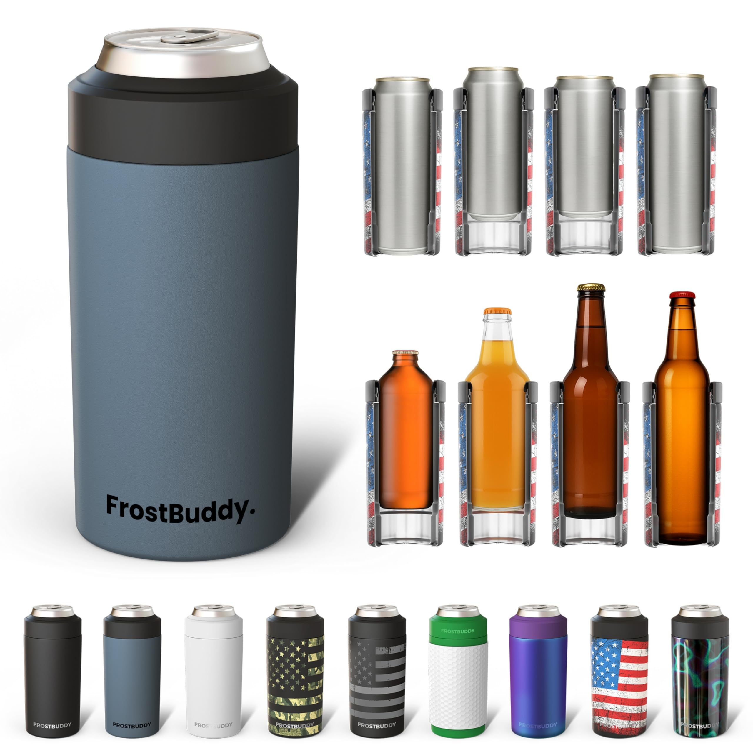 Frost Buddy Universal Can Cooler - Fits all - Stainless Steel Can Cooler for 12 oz & 16 oz Regular or Slim Cans & Bottles - Stainless Steel (Charcoal)