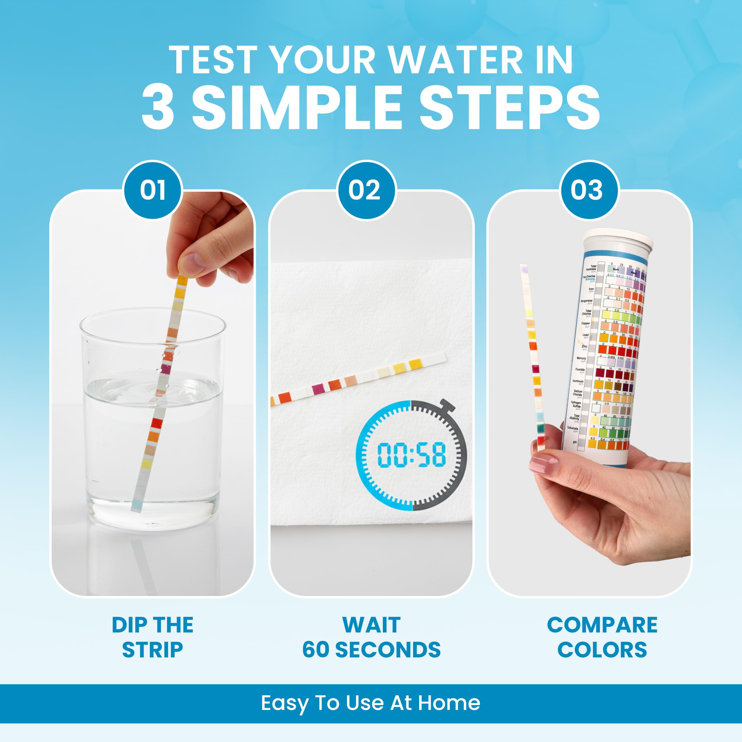 21 in 1, kit di test dell'acqua potabile, 120 strisce reattive + 2 test batteri. Test di qualità dell'acqua del rubinetto e del pozzo per piombo, pH, durezza, cloro, nitrato