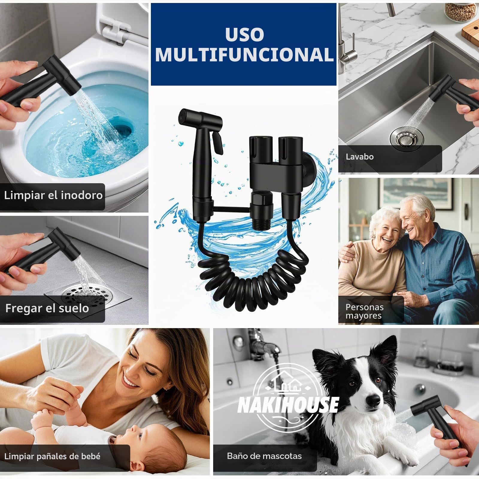 Bidet Handbrause für Toilette, Edelstahl Bidet Handbrause Set mit 1-in-2-Out Doppelsteuerventil Wasserhahnspender und Schlauch zum Waschen von Haustieren, Reinigen des Bades, Schwarz