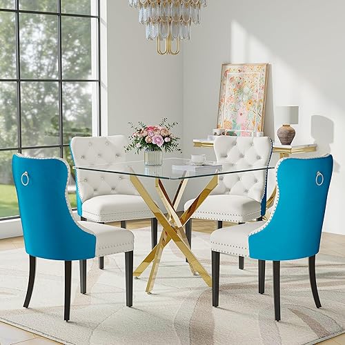 Miniatura 10 de Juego de mesa de comedor de cristal para 4 personas con mesa cuadrada de cocina de vidrio templado de 36 pulgadas, juego de comedor de 5 piezas con