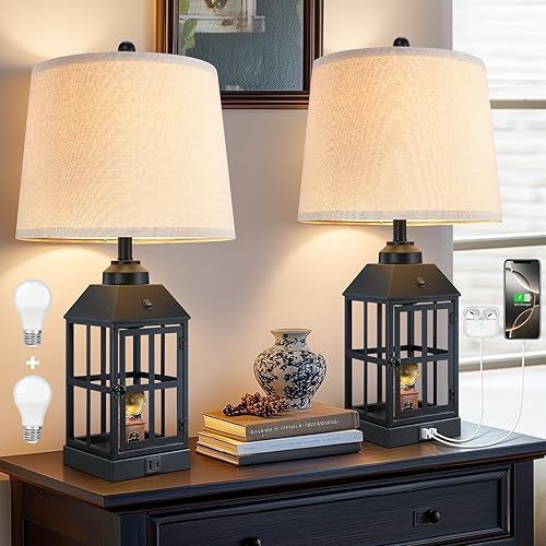 Lámparas de mesa de granja de 25 pulgadas para sala de estar, juego de 2 lámparas negras con puerto USB y luz nocturna, lámpara de mesa rústica para