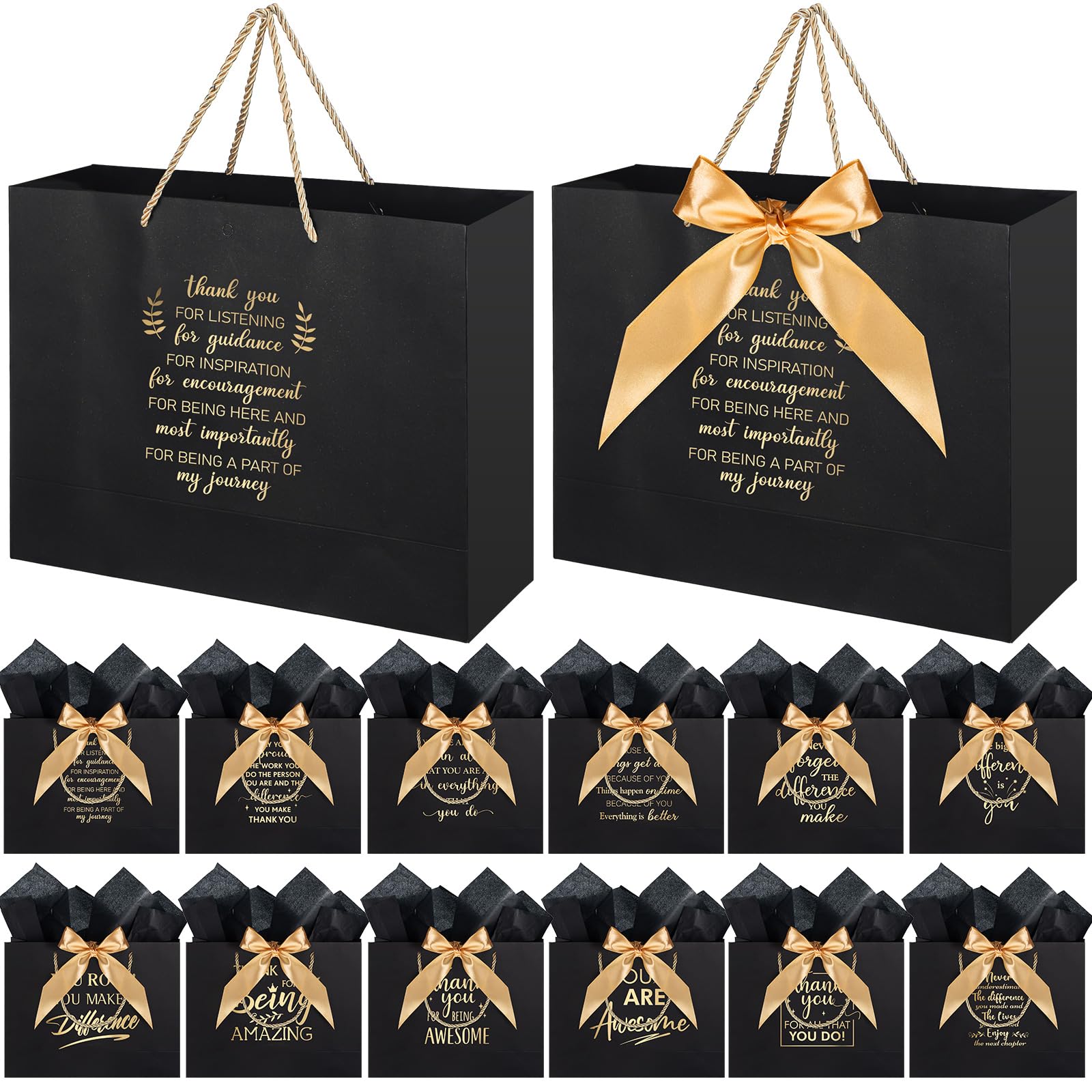 Kolldenn 12 Pcs Large Thank You Gift Bags with Handles Tissue Papers Bows 12.6 x 9.84 x 4.3 Inches Appreciation Bags for Teacher Volunteer Employee