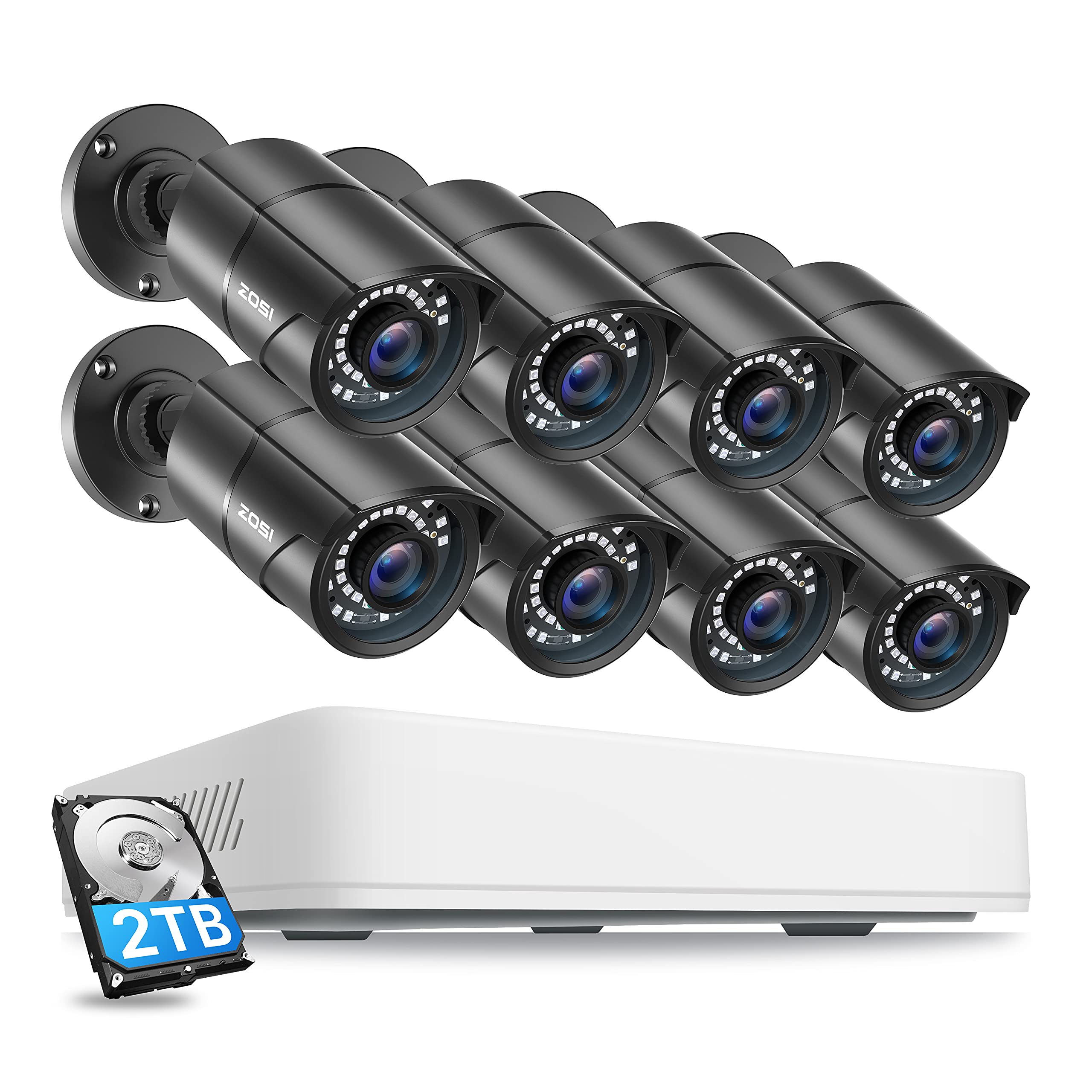 ZOSI 5MP 2K Home Security Camera System Outdoor Indoor, H.265+ 8 Channel CCTV DVR with Hard Drive 2TB and 8 x 2K(5MP) Weatherproof Surveillance Bullet Cameras with 120ft Night Vision, 110° View Angle