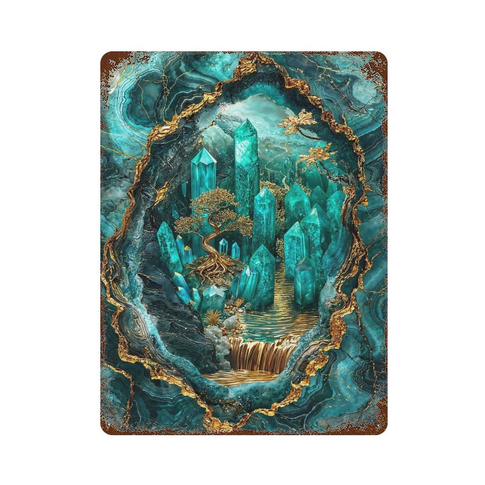 Decorative Tin Sign with Enchanted Crystal Cavern Design 15.7"x11.8", for Garage, Bar And Workshop Decor, Decorative Metal Wall Art