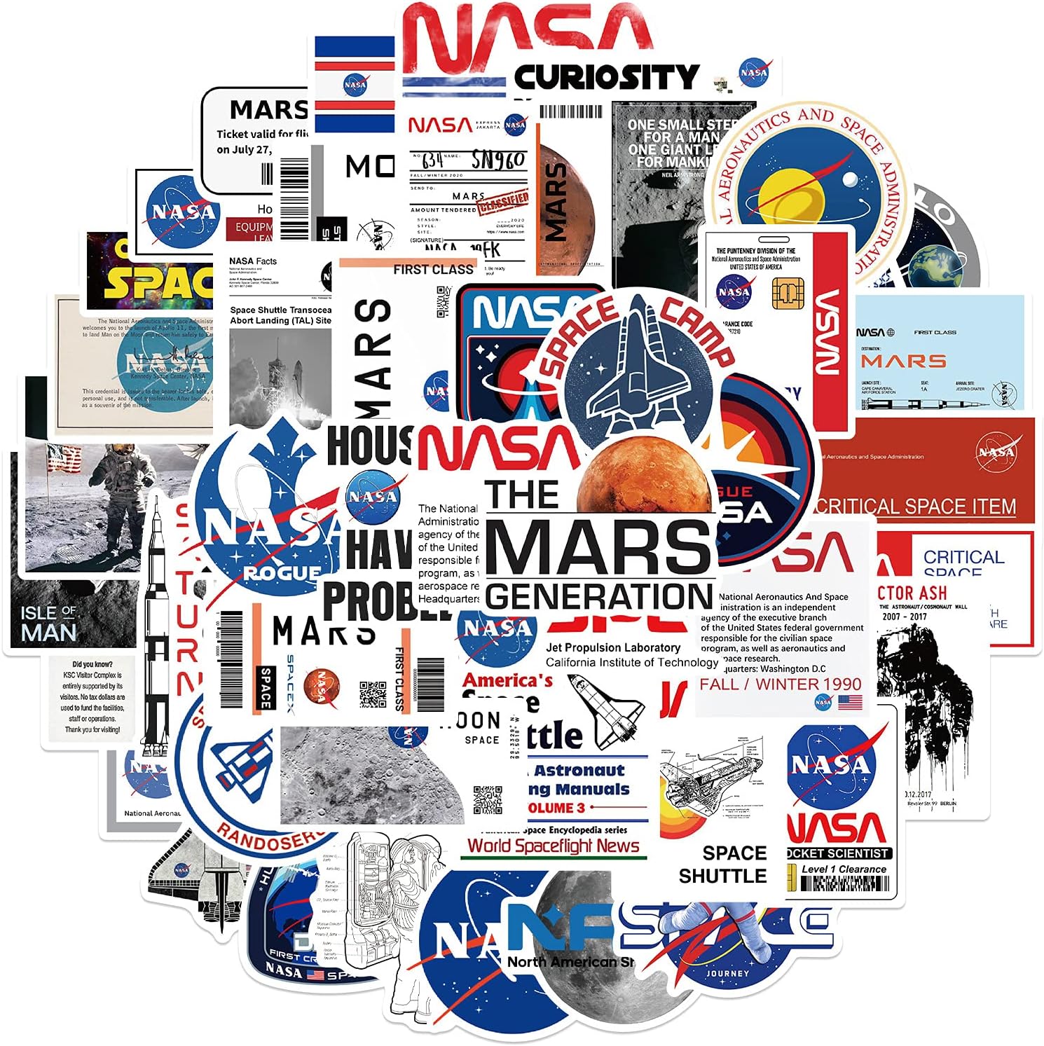 NASA Space Stickers for Water Bottle, 50pcs Cool Vinyl Decal for Teen Girl Laptop, Skateboard, Phone, Travel Case, Computer, Guitar, Bike (Cartoon Space Agency)