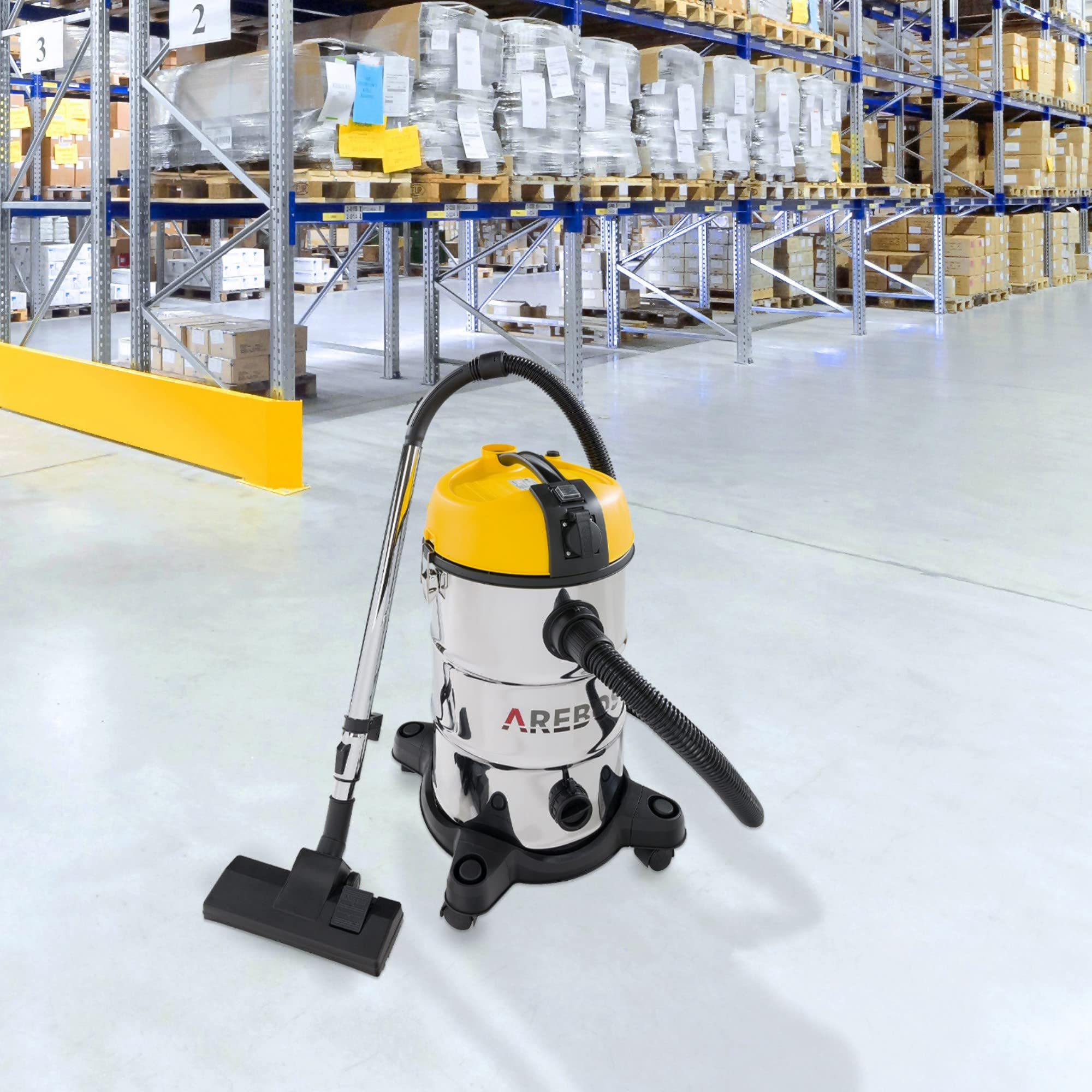 AREBOS Aspirapolvere industriale 1300 W secco e umido 30 L | Bidone aspiratutto e aspiracenere | Adatto per polvere, liquidi e pulizia auto | Giallo