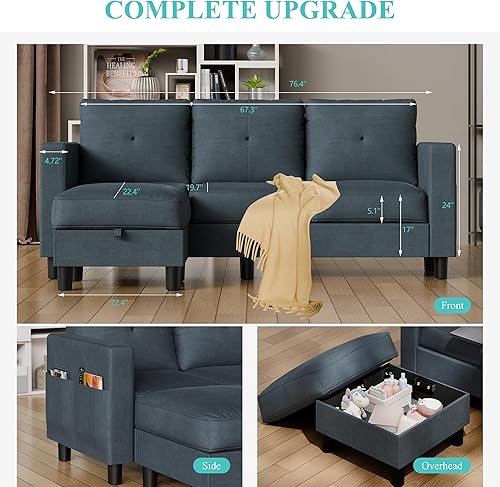 Miniatura 2 de Shintenchi Sofá modular convertible tapizado para sala de estar, sofás en forma de L de 3 asientos con función de almacenamiento otomano, modernos