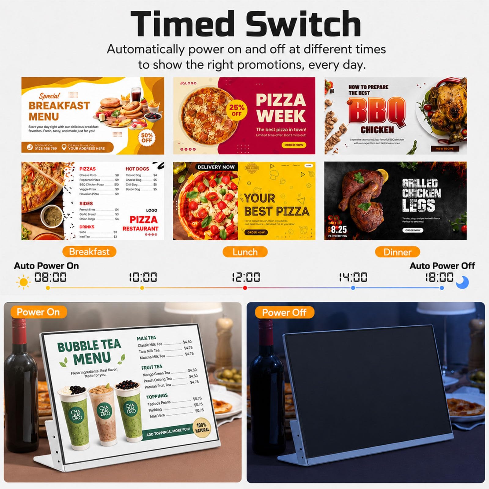 Pantalla publicitaria Comercial Cristal Templado antiarañazos | Encendido automático marco 2 mm para visualización de menús en tiendas y hoteles