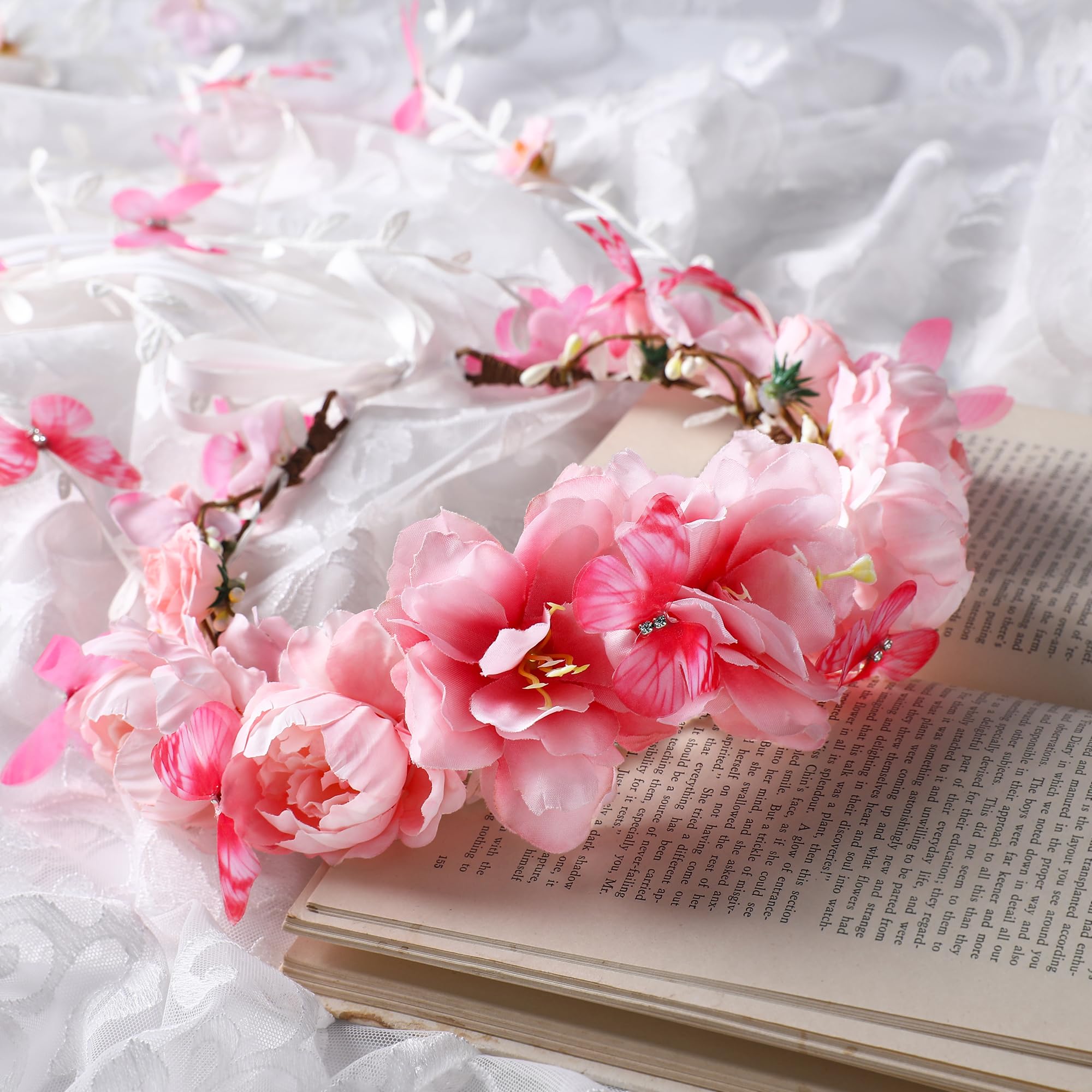 PartyforU Pink Flower Crown Headband for Women Floral Fairy Headpiece Bohemian Vine Flower Headband with Butterfly for Wedding Bridal Shower Party Renaissance - Image 4