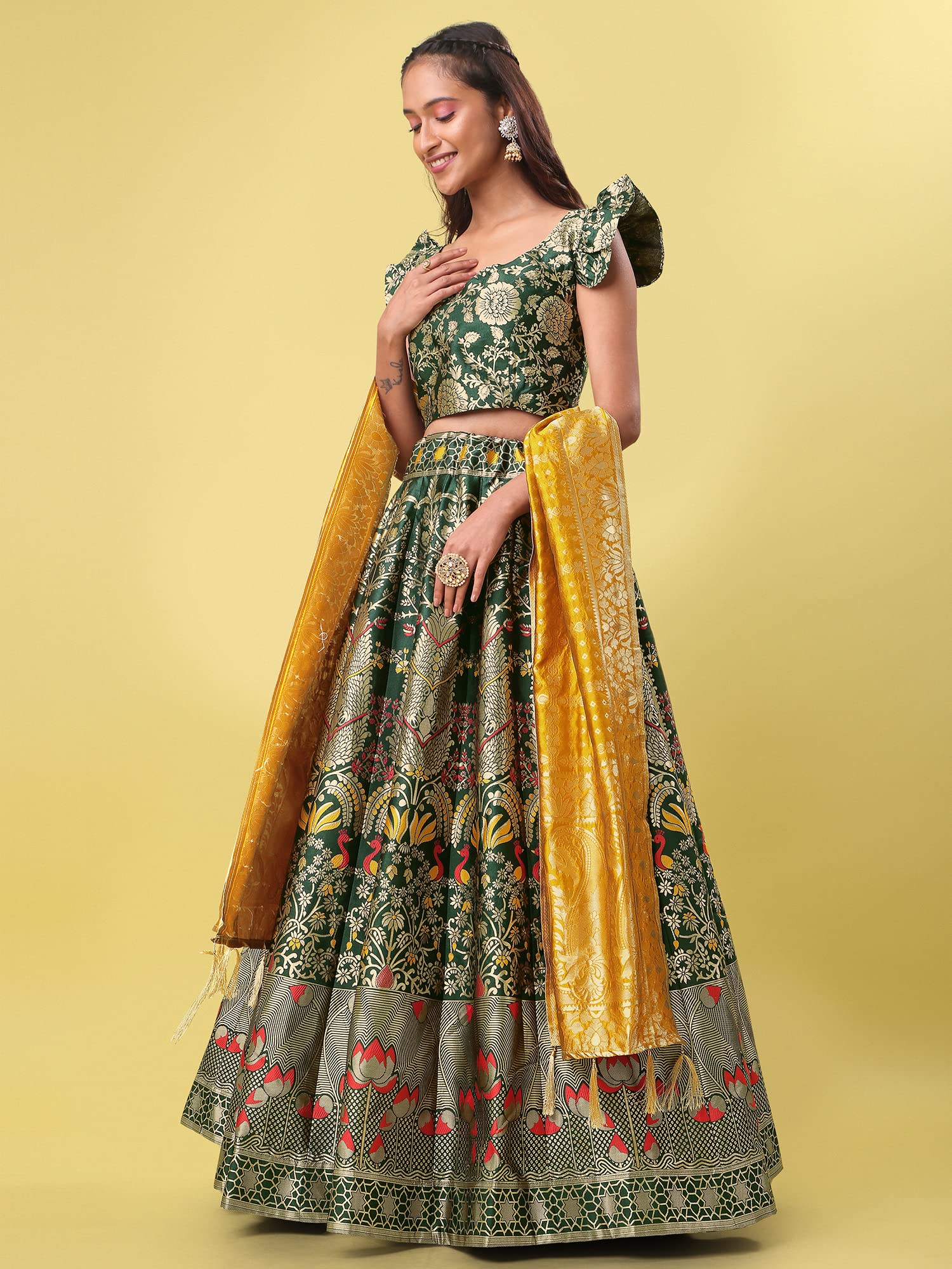 Purvaja Women's Jacquard Semi-Stitched Lehenga Choli (Lotus-D-Green_Green_Free Size)