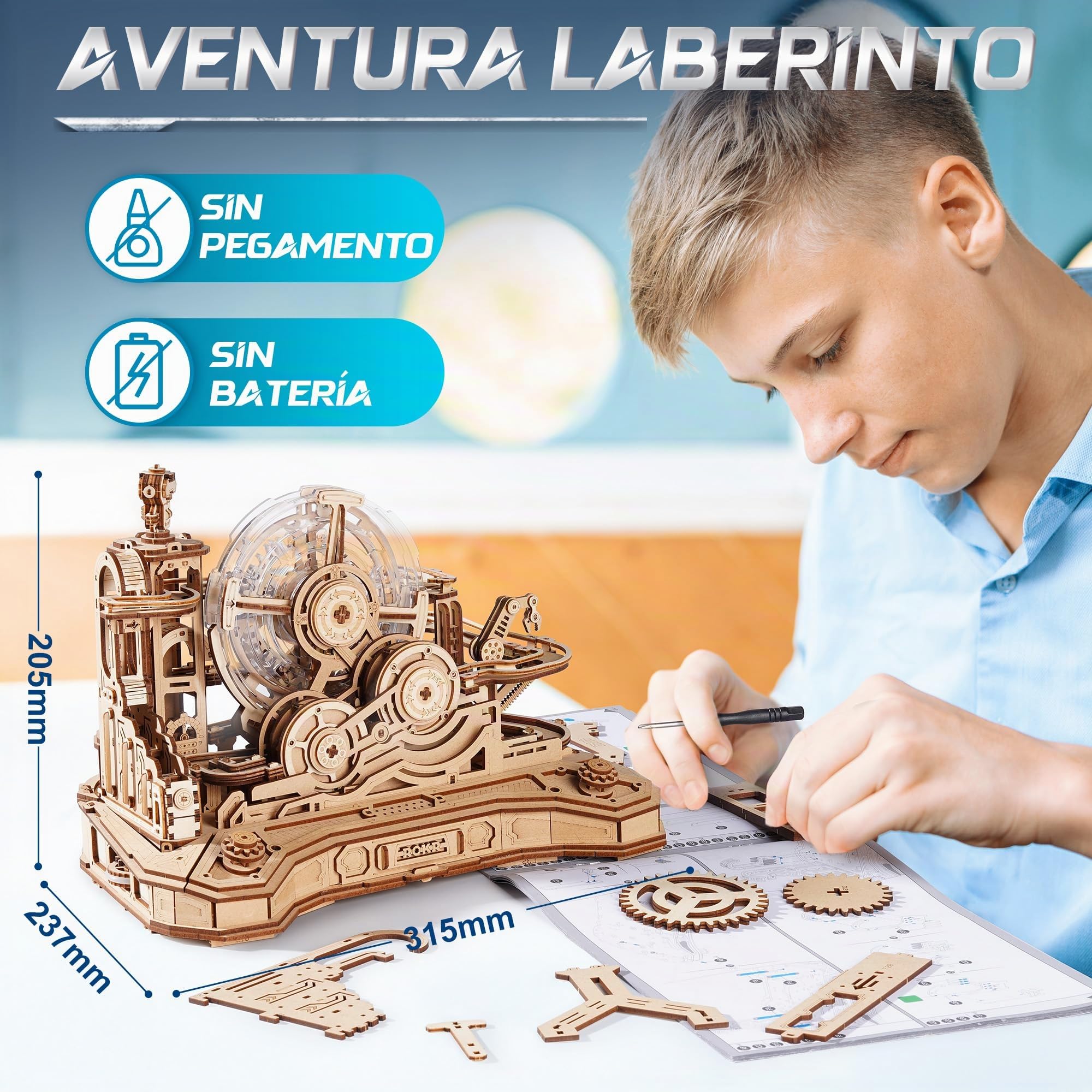 ROKR Puzzle 3D Madera Pistas para Canicas,Gear Ball Challenge Maquetas para Construir Adultos,Regalos DIY para Hombres y Niños