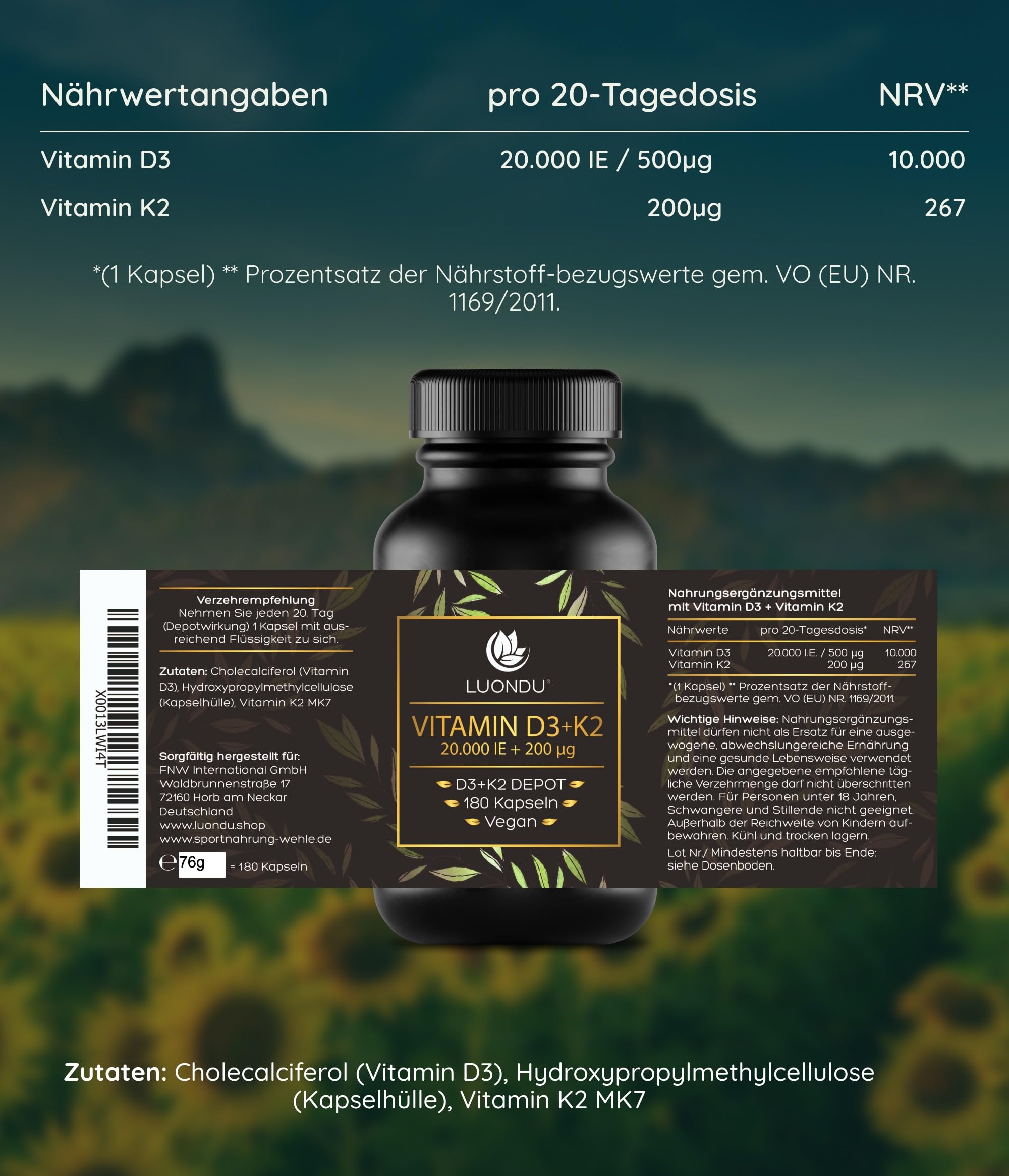 Luondu Vitamin D3 20.000 I.E + Vitamin K2 MK7 200 mcg (hochdosiert & vegan) | Ohne Zusätze, produziert in Deutschland (180 Kapseln) – Verpackung kann variieren