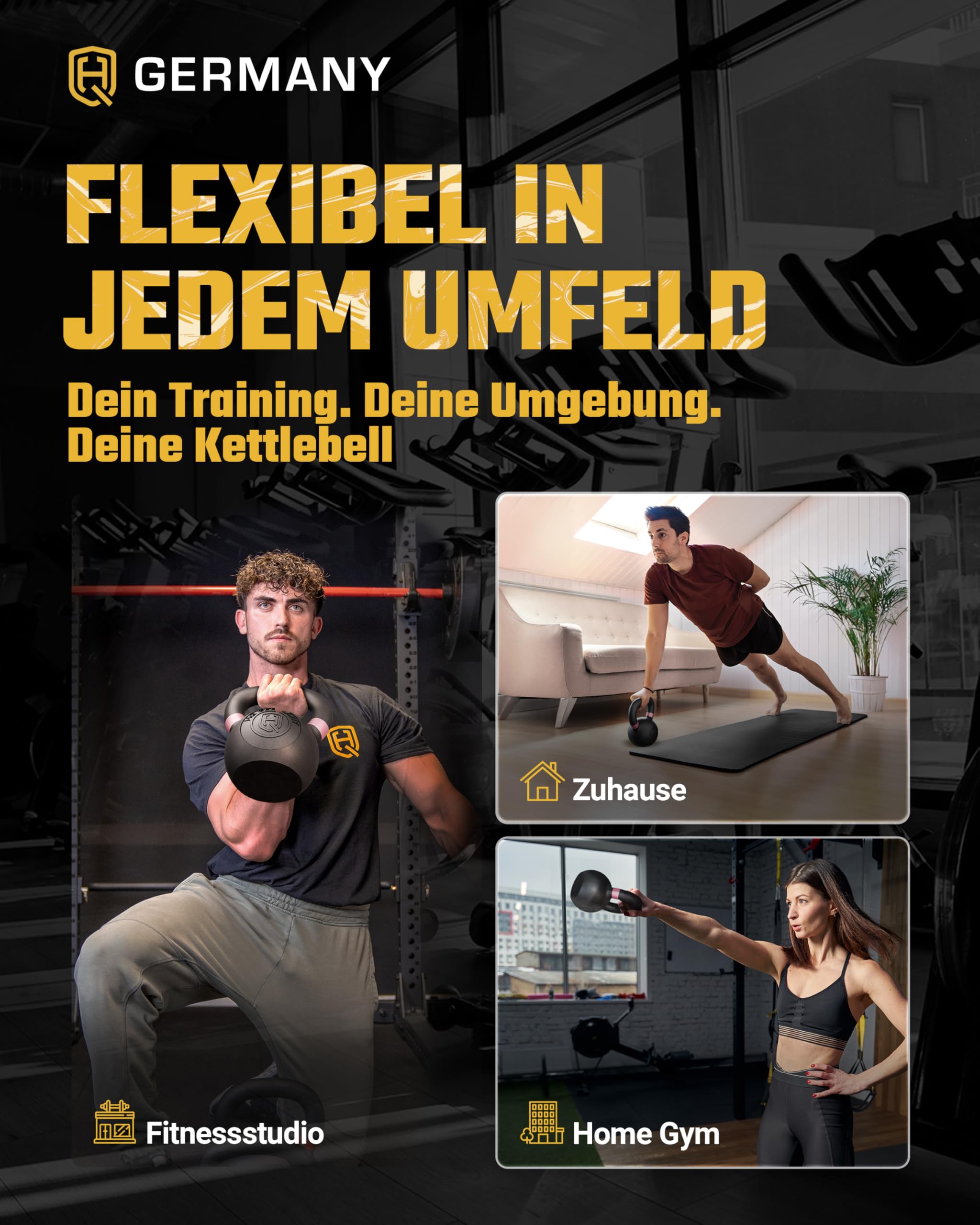 HQ Germany® Kettlebell Powdercoat [2-32kg/Sets] - Gusseisen Kettlebell Set mit ±2% Gewichtstoleranz - Kugelhantel Gewicht, Hantel Gewichte Set, Kettle Bell, Premium Kettlebells mit Pulverbeschichtung