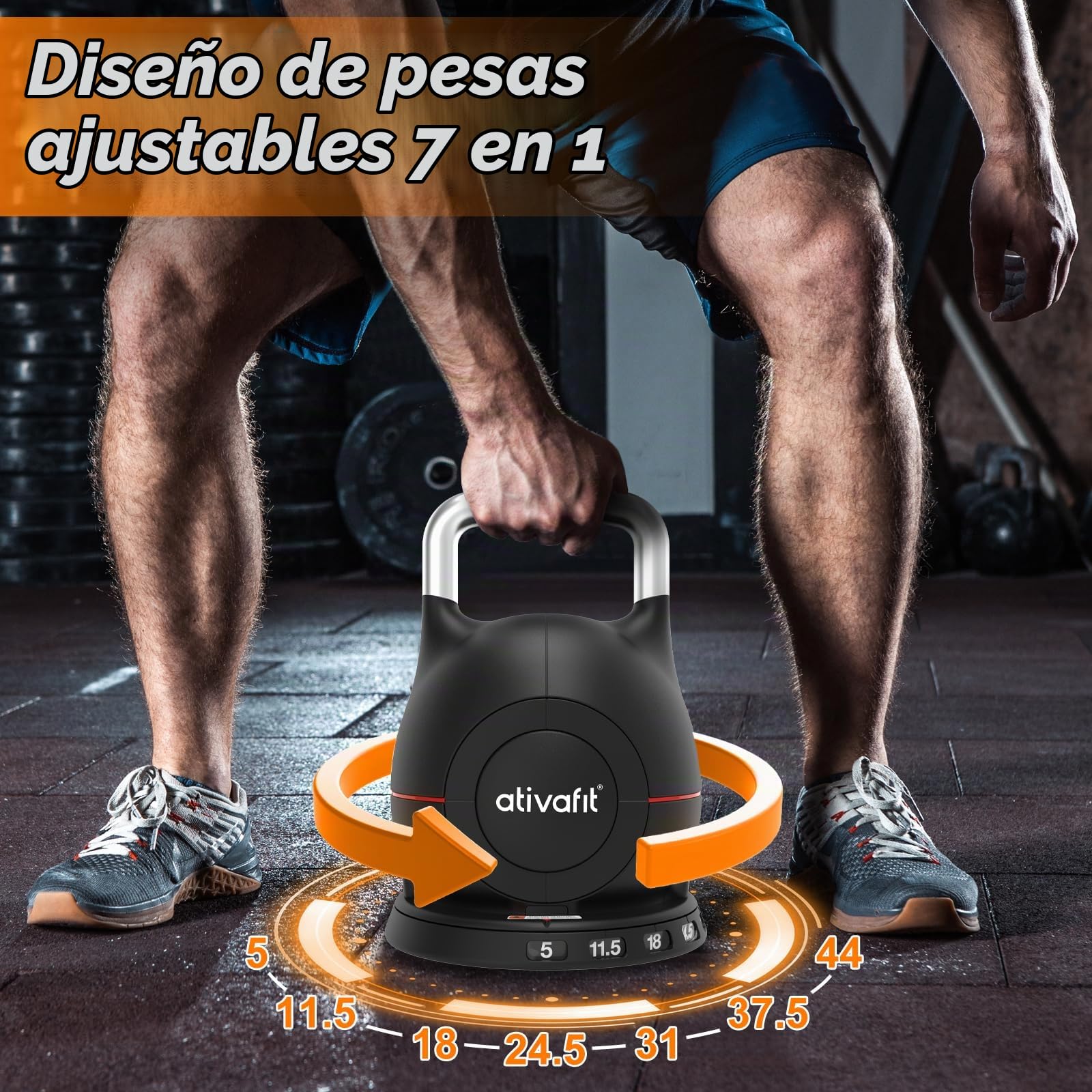 ATIVAFIT Pesa Rusa Kettlebell Ajustable 7 en 1 (2-20 kg), Varilla de Aluminio Macizo, Ajuste Rápido con Mosquetón de Seguridad, Agarre Ergonómico, Ahorro de Espacio para Gimnasio en Casa