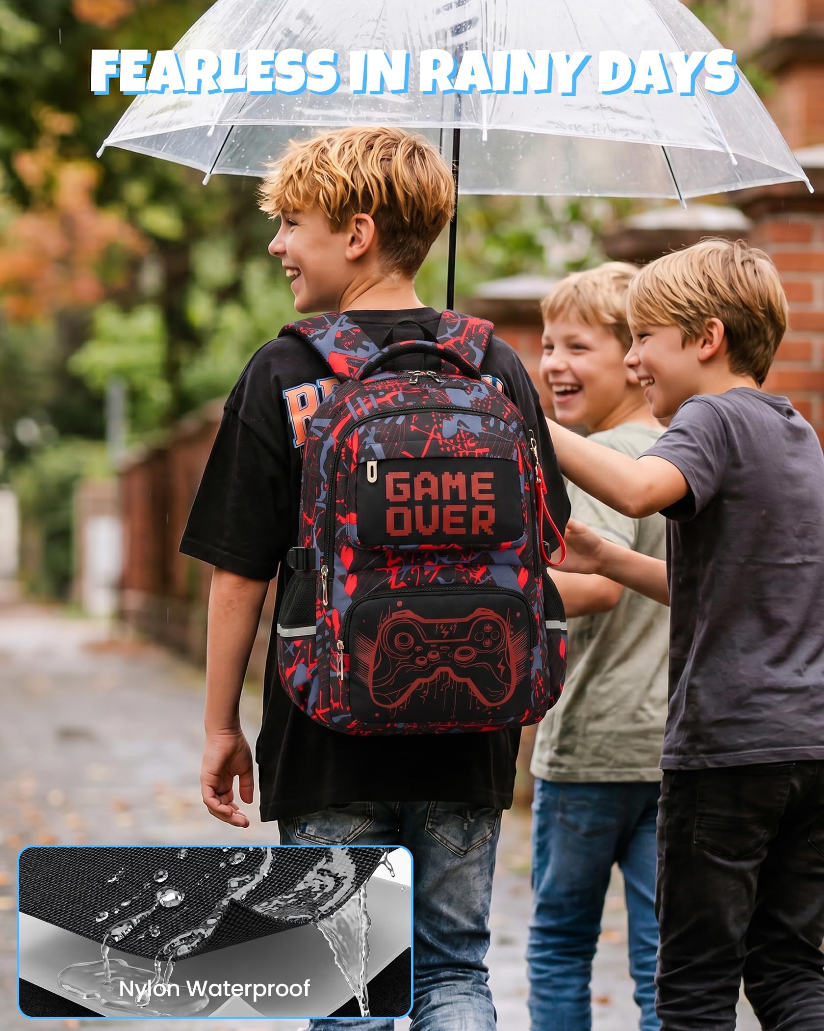 Amythe Sac à Dos Garçon Lumineux, Cartable Scolaire Primaire Adolescent Imperméable Durable, Sac Ecole Enfant avec Bandes Réfléchissantes Grande Capacité pour Voyage, Rouge