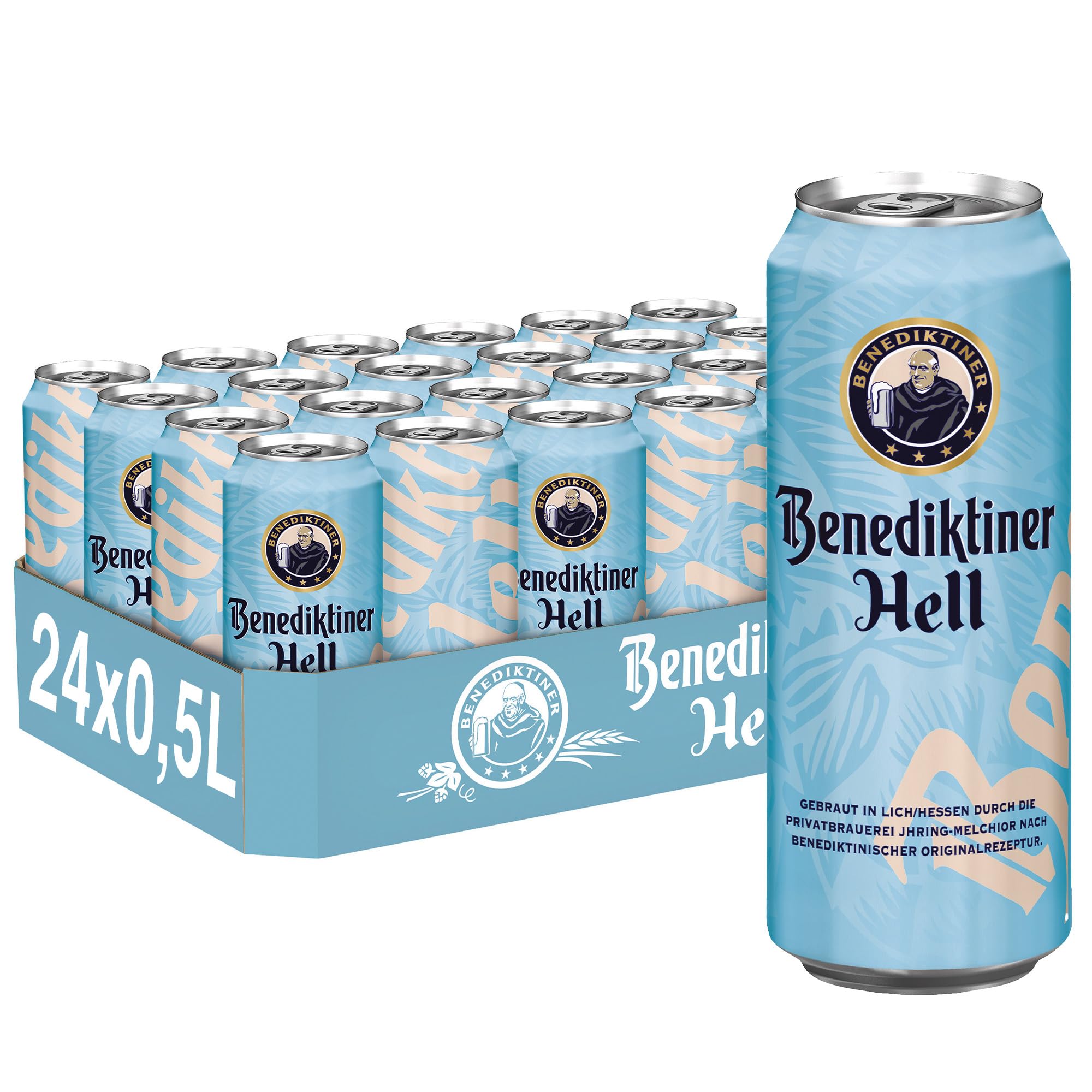 Benediktiner® Hell - Dosenbier (24x 0,5l) - Mildes helles Lager - Goldgelbe Farbe - Angenehme Malzsüße - Gebraut nach dem deutschen Reinheitsgebot