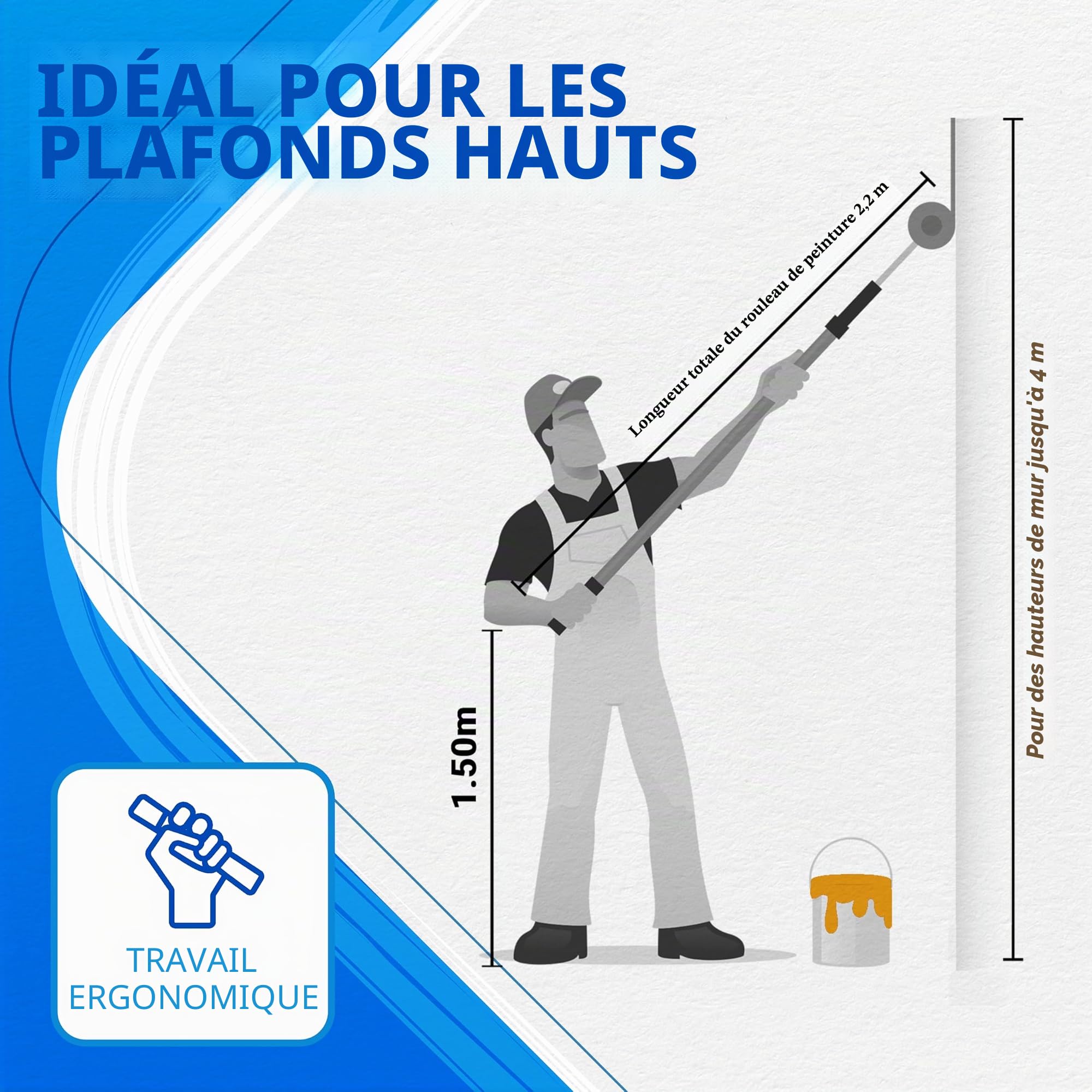 Rouleau de peinture professionnel avec bâton télescopique de 100 à 200 cm + poignée Best Grip incluse + E-Book