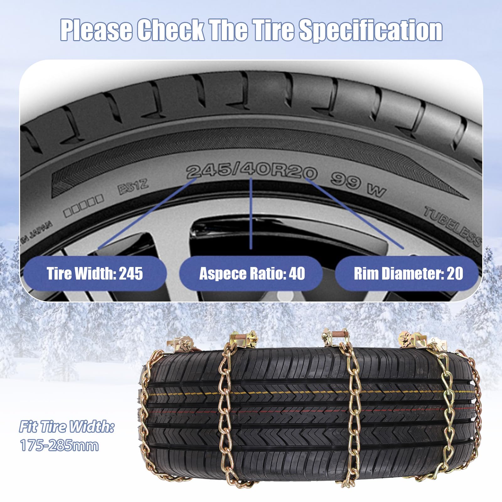 8 pezzi Catene da neve di emergenza per il traino, catene da neve universali per pneumatici con larghezza da 175-285 mm, catene antiscivolo per pneumatici da neve di emergenza Snow Chains per la