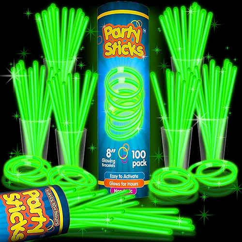 Palitos de fiesta verdes PartySticks - paquete de 100 unidades, palos de 20,32 cm que brillan en la oscuridad y se iluminan, con conectores para