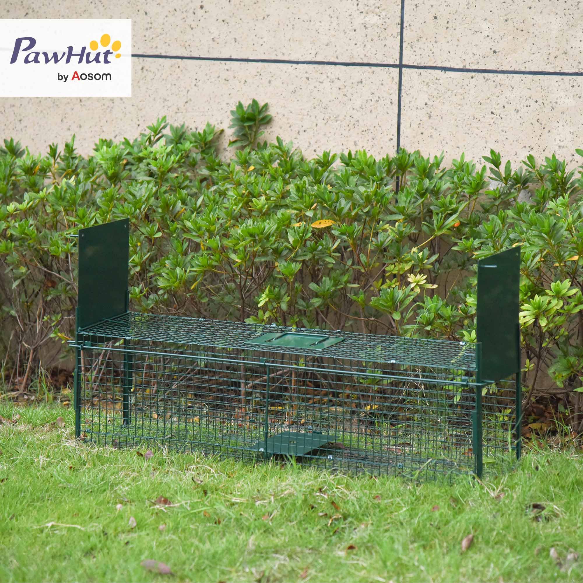 PawHut Trampa para Animales Vivos Jaula de Captura Metálica con 2 Puertas Asa para Conejos Visones Zorros Pequeños 100x25x28 cm Verde Oscuro