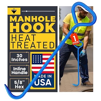 T&T Tools 30-Inch Manhole Cover Hook Tool, 5/8" Hex Alloy Steel Single Hook, Heavy Duty Lifting Manhole Covers, Septic Tank Risers, Grates, Storm Drains, Pallet Pulling, Bright Blue Finish, 1 Pack
