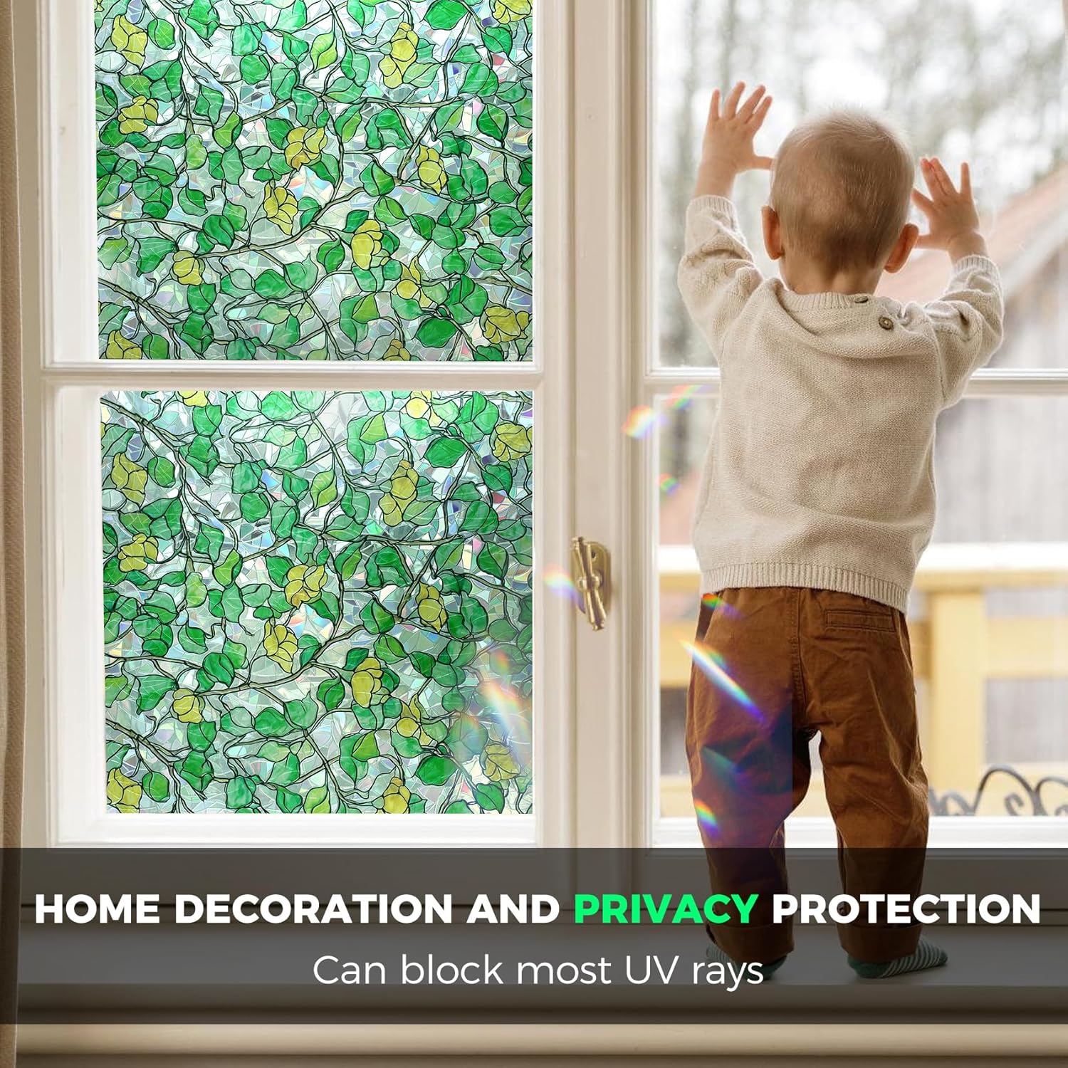 Window Privacy Film Stained Glass Static Cling - Removable Decorative Rainbow Window Tint with Iridescent Effect for Heat Blocking & Anti UV | for Home & Car Stickers Yellow-green 23.5*78.5