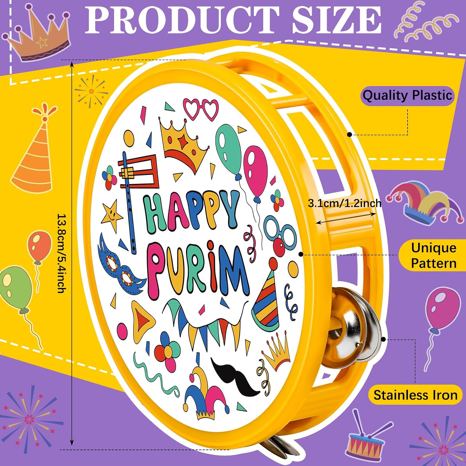 20 Pcs Happy Purim Tambourine Noisemaker Purim Percussion Musical Instruments Festivities Begin with Noise Maker for Happy Day Birthday Supplies image 2