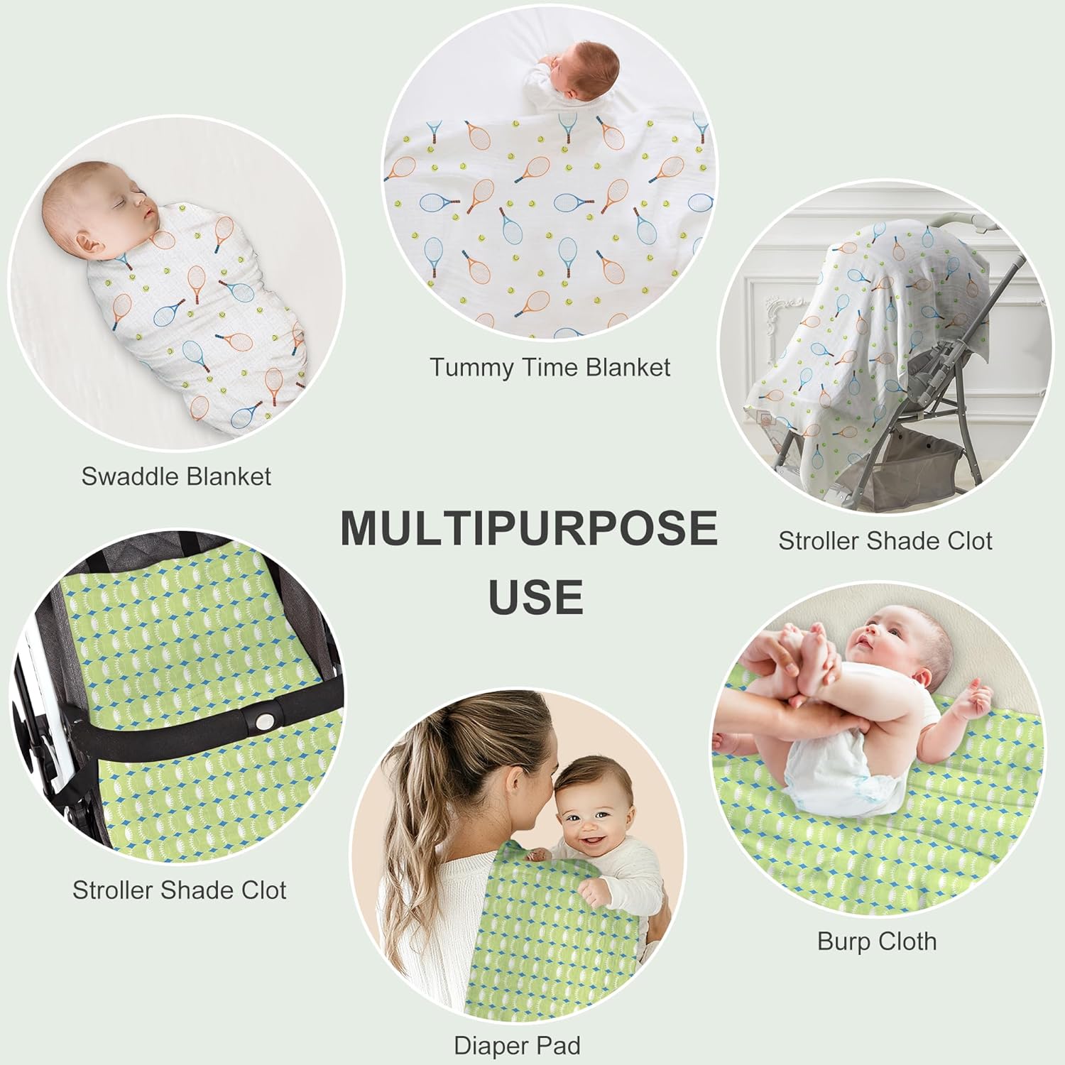 70% Rayon Made from Bamboo 30% Cotton Muslin Swaddle Blanket, 47 x 47 Inches, Tennis Print Baby Receiving Blanket, Soft and Breathable, Unisex, 2 Pack - Image 8