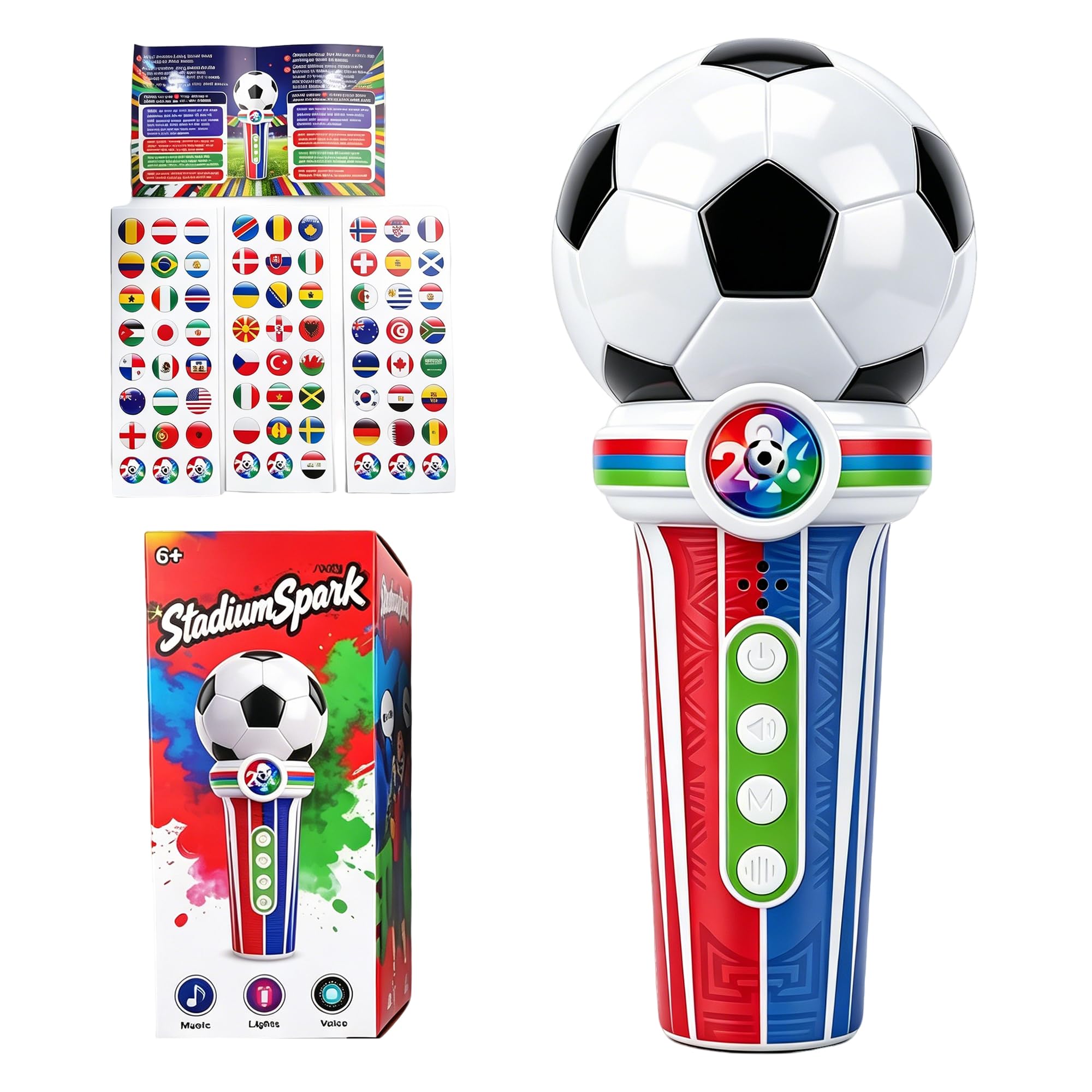 Mindu Football Horns Noise Maker, Interactive Fan Cheer Microphone, 9 Stadium Sound Effects & Voice Recorder, Handheld Soccer Cheer Toy with Team Stickers for World Cup & Football Matches