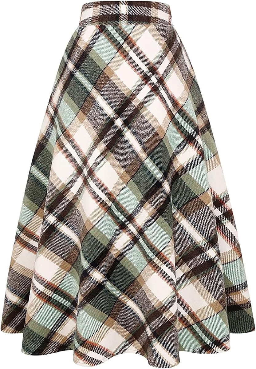 Women's Long Plaid Skirt High Waist A-line Pleated Tartan Winter