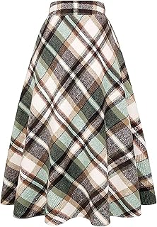 Women's Long Plaid Wool Skirt Fall Winter High Waist A-line Pleated Wool Tartan Skirts