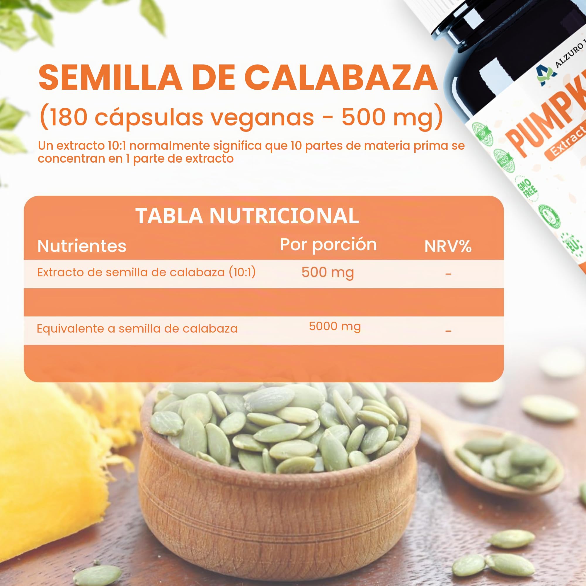 Semillas de calabaza 5,000 mg de equivalencia (500 mg de extracto 10:1) 180 cápsulas veganas | Probado en laboratorio | Alta dosis | Certificado GMP
