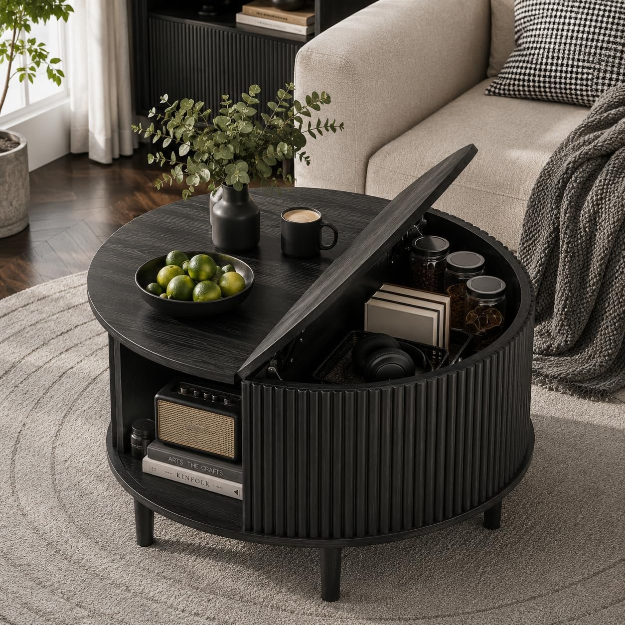 WLIVE Coffee Table Set of 2, 32in Round Nesting Table for Living Room,Small Circle Table with Storage for Small Space,Metal Frame and Fabric Basket, Home Office Bedroom,Black.