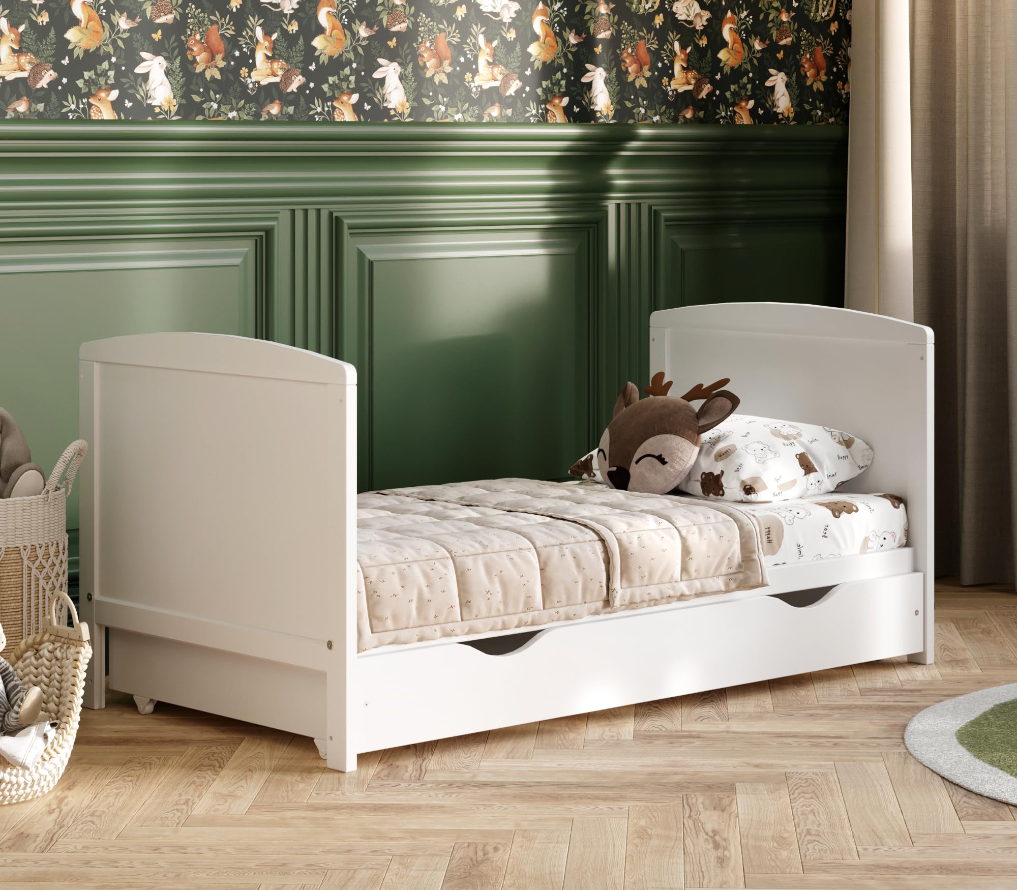 Genérico Cuna Bebé Convertible 60x120 cm con Cajón, 3 Alturas de Somier, 3 Barrotes Extraíbles, Cama Infantil Evolutiva Blanca (sin colchón)